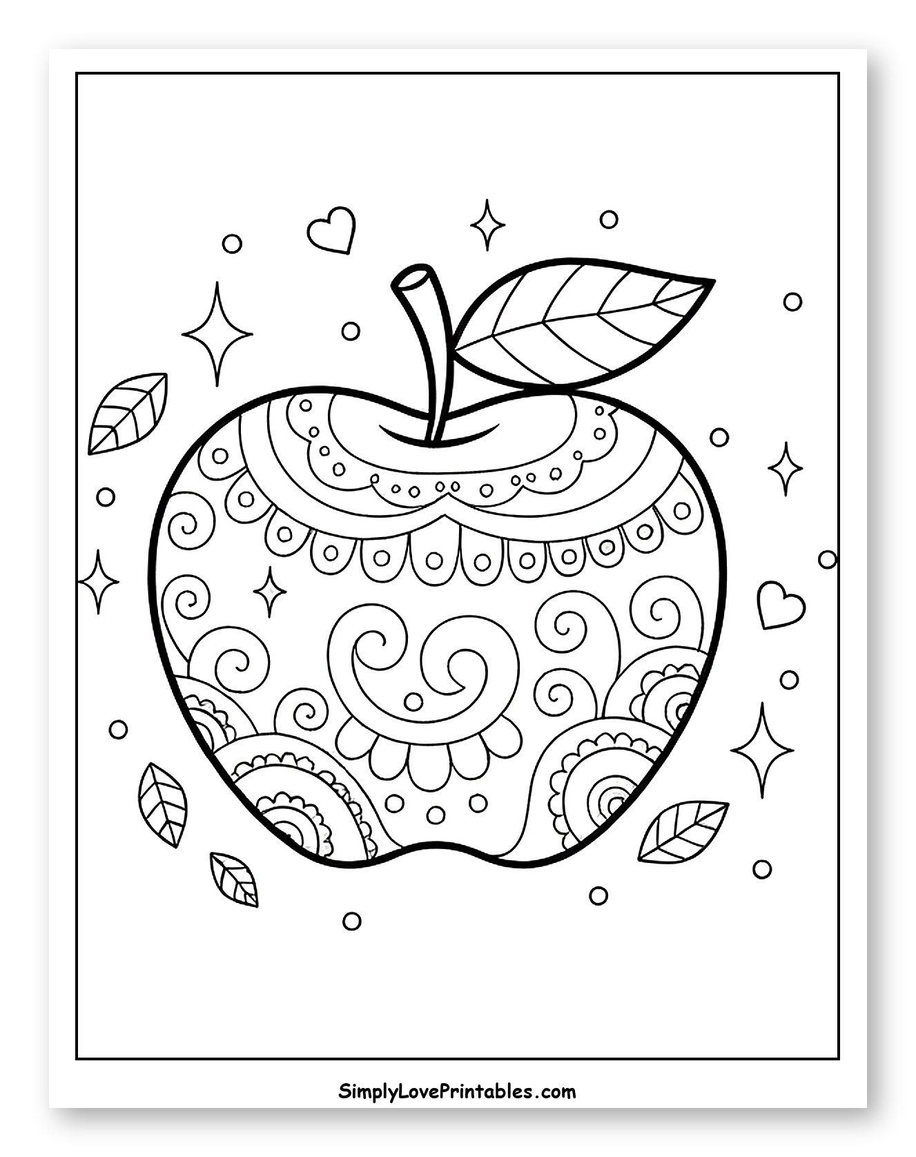 Intricate Apple with Swirls, Stars, and Hearts