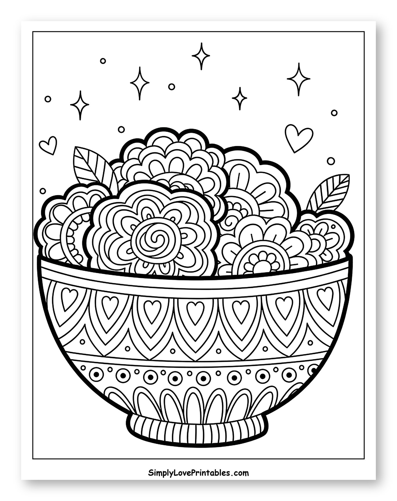 Intricate Bowl Filled with Decorative Flowers to Color for Adults