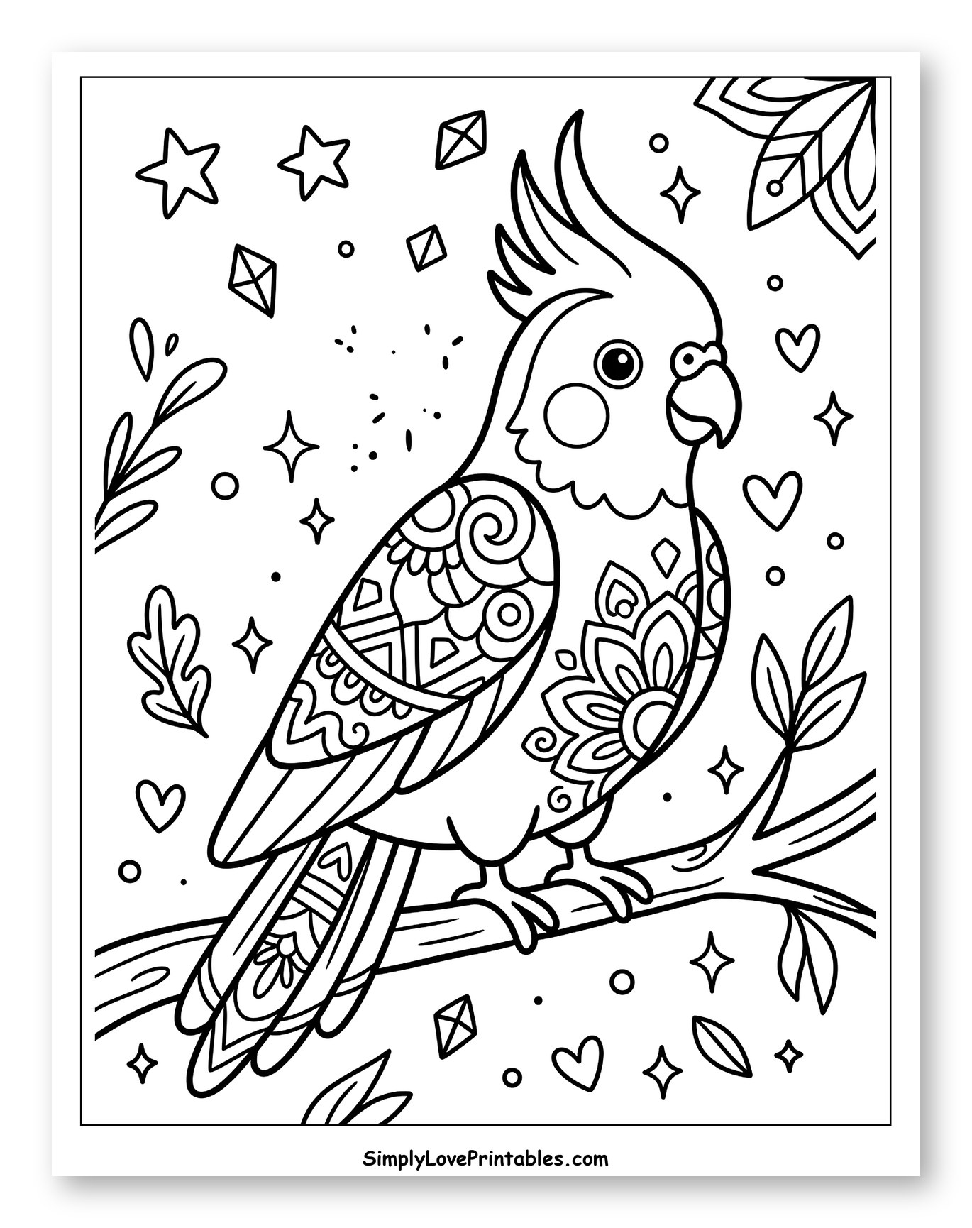 Intricate Cockatiel on a Branch with Stars Coloring Page for Adults