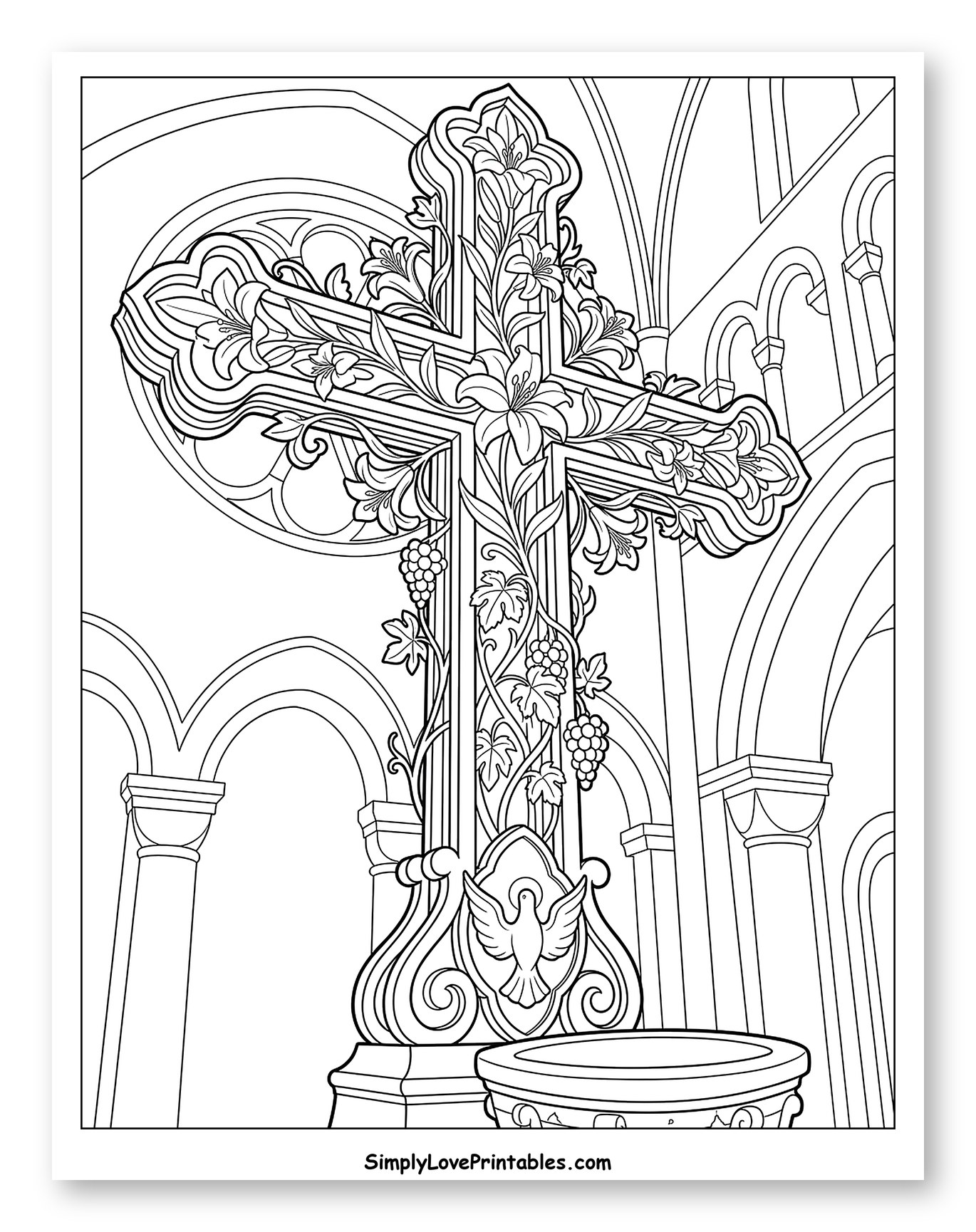 Intricate Cross with Lilies, Grapes, and Dove