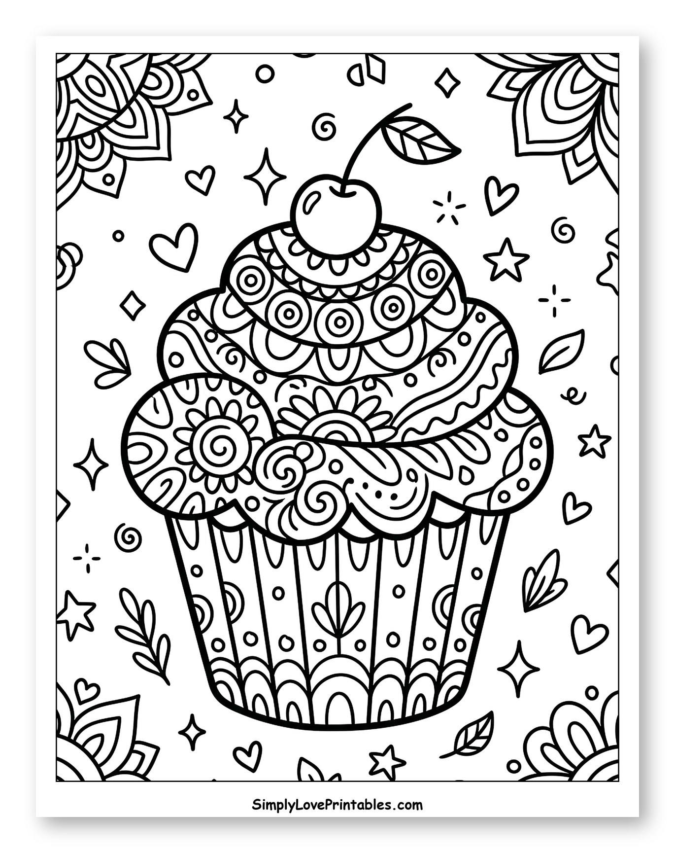 Intricate Cupcake with Cherry and Mandala Patterns to Color for Adults