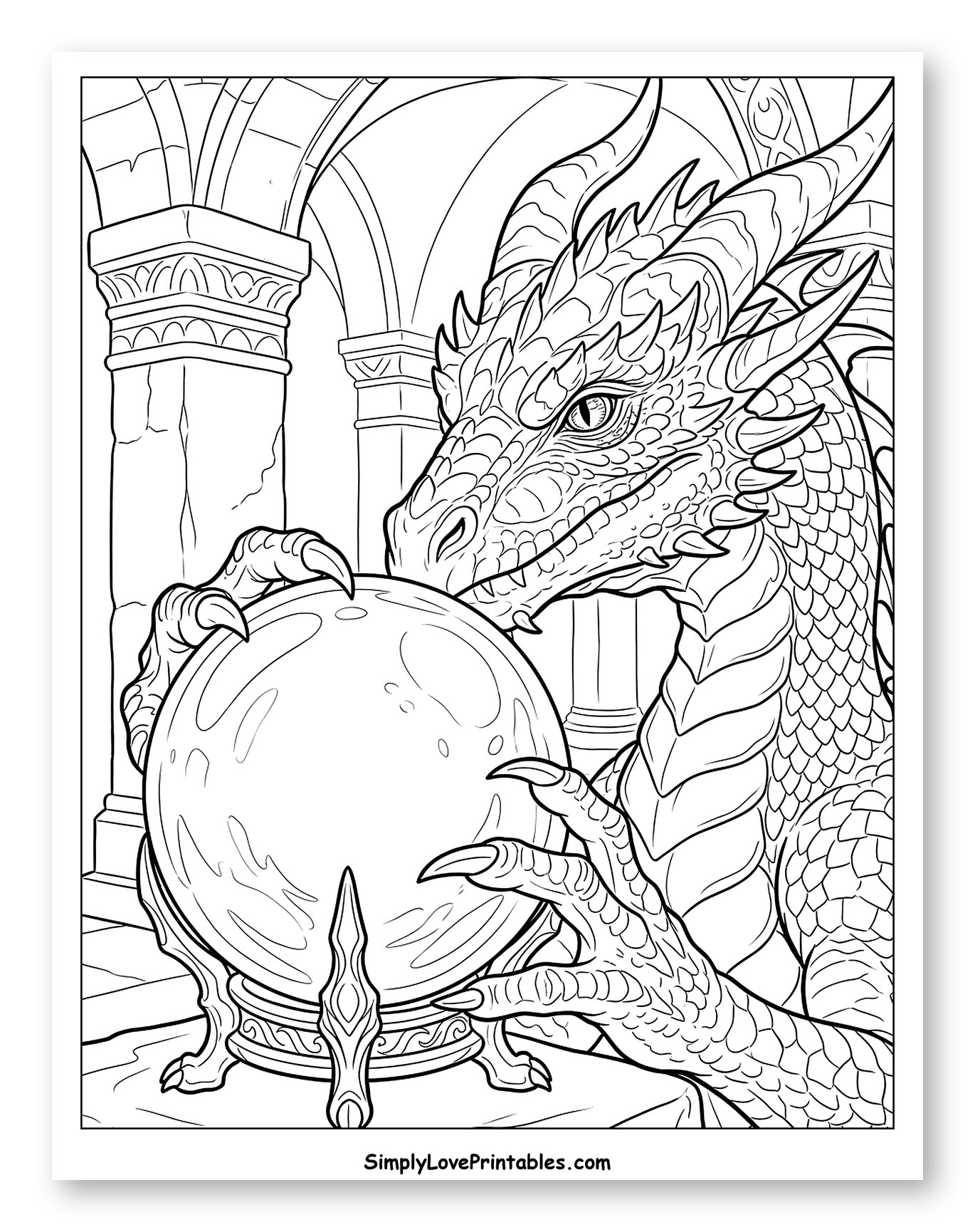 Intricate Dragon Gazing into a Crystal Ball to Color