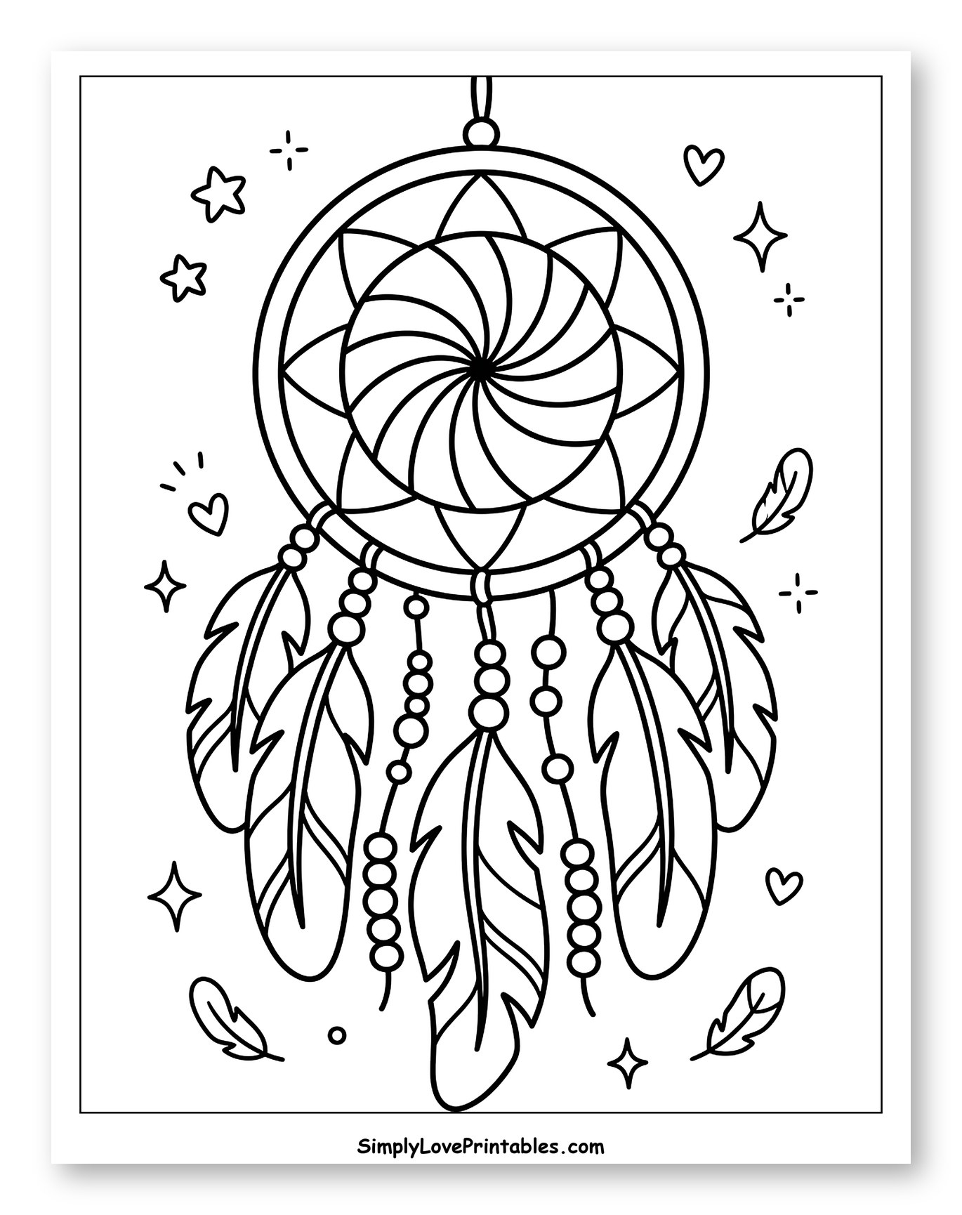 Intricate Dreamcatcher with Hanging Feathers and Beads Coloring Page for Adults