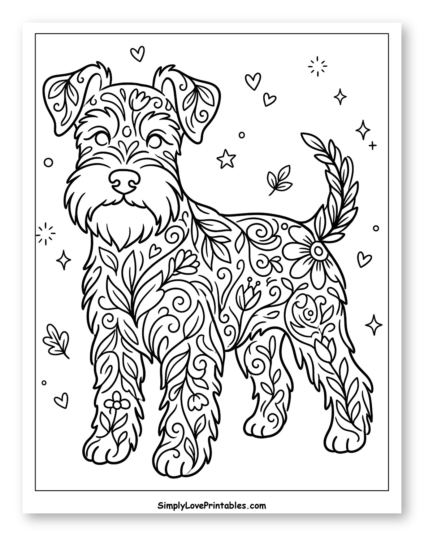 Intricate Floral Miniature Schnauzer Dog to Color for Adults