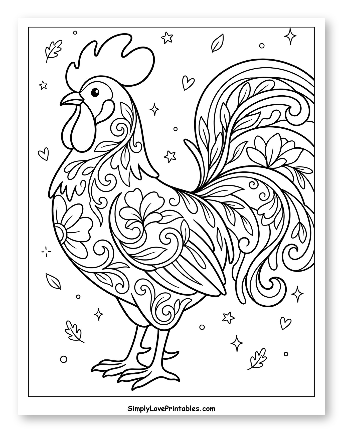 Intricate Floral Patterned Rooster with Background Decorations Coloring Sheet for Adults