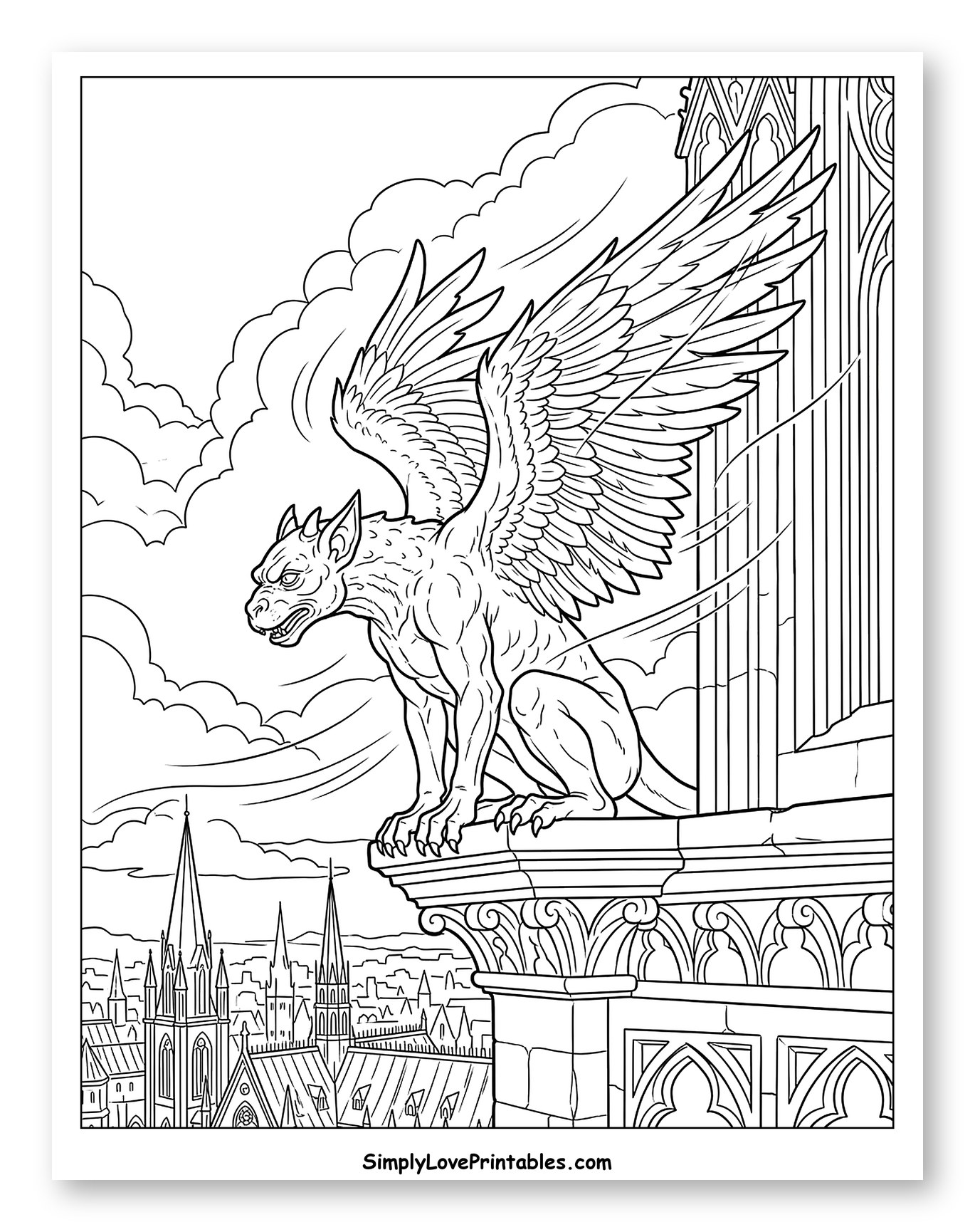 Intricate Gargoyle atop a Cathedral with City