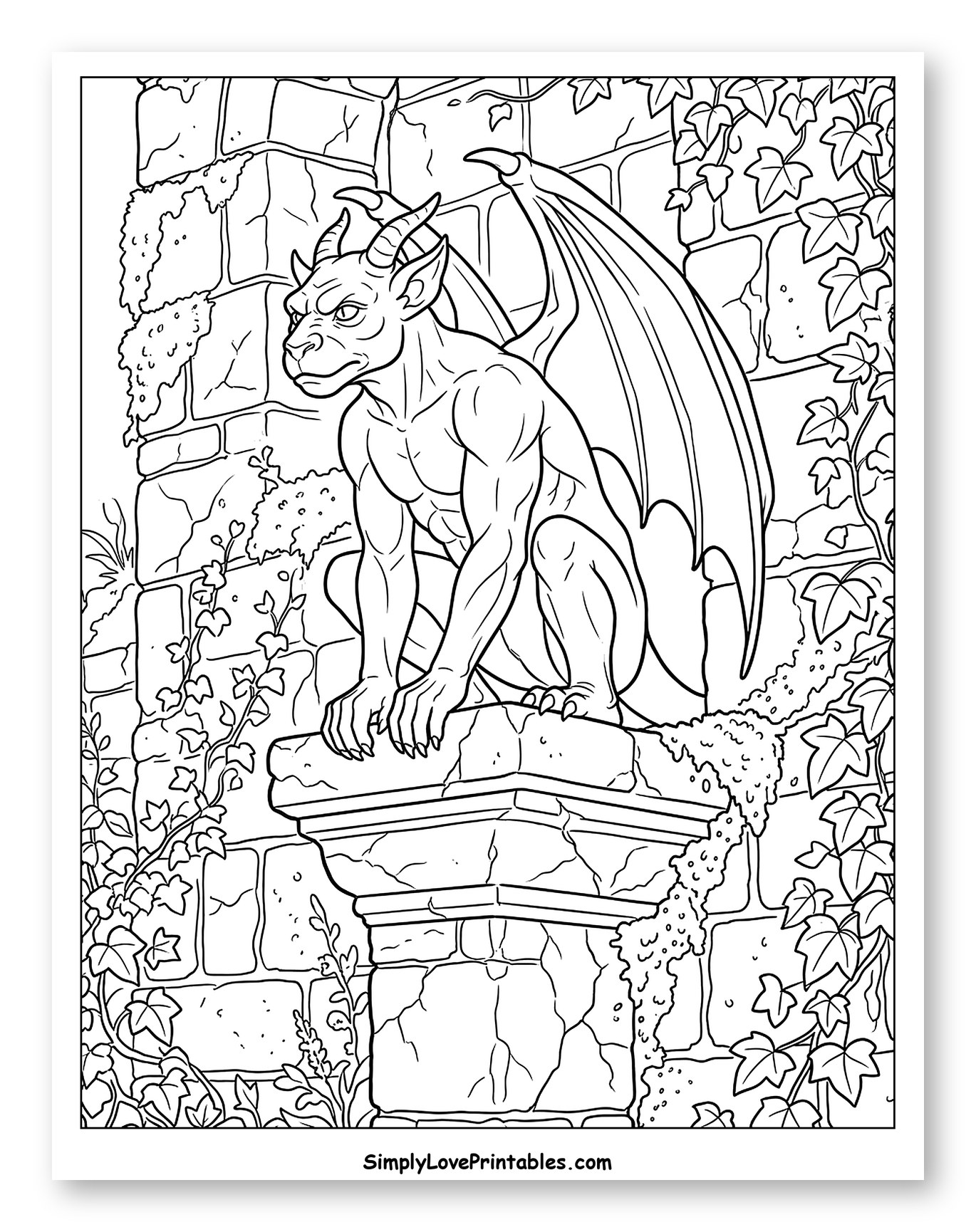 Intricate Gargoyle on Weathered Stone with Vines