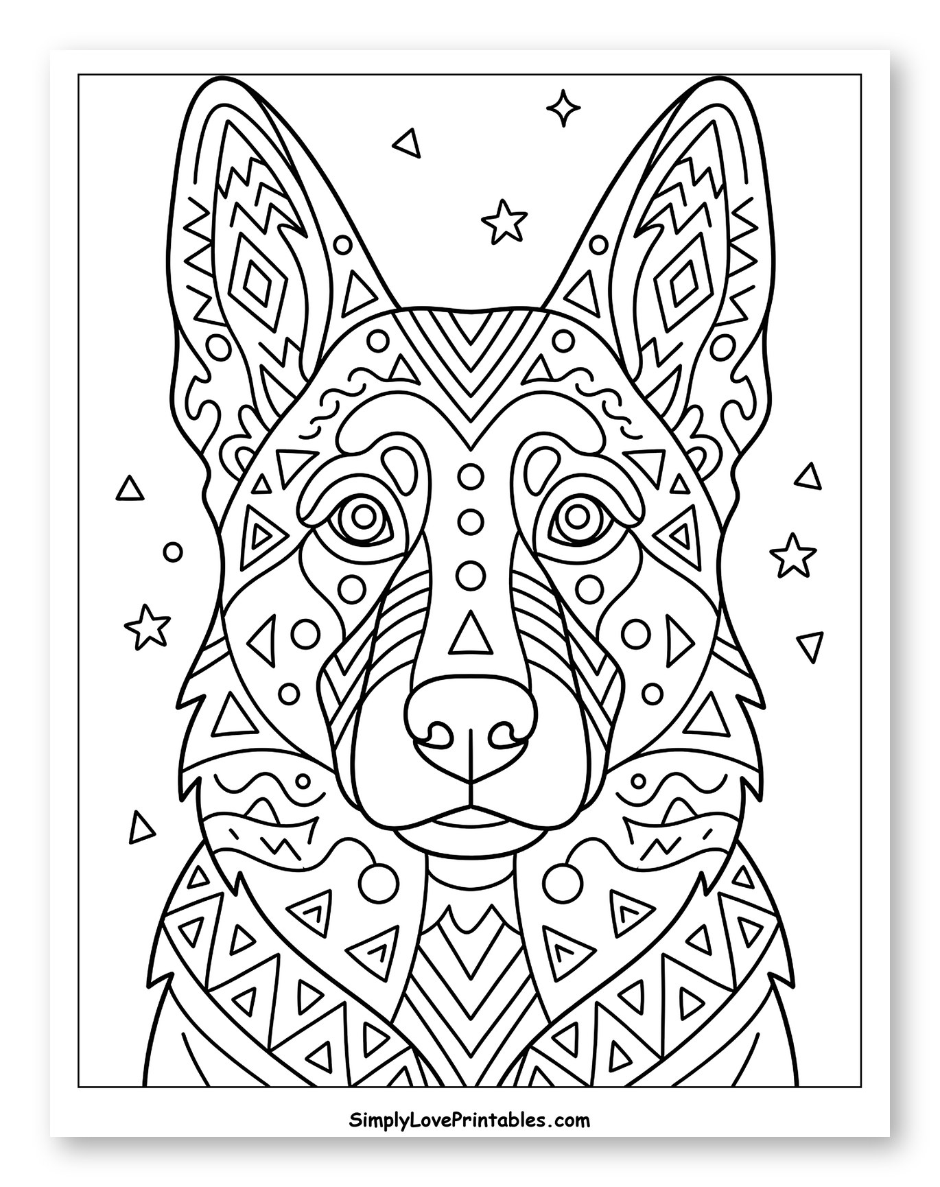 Intricate Patterned German Shepherd Head to Color for Adults