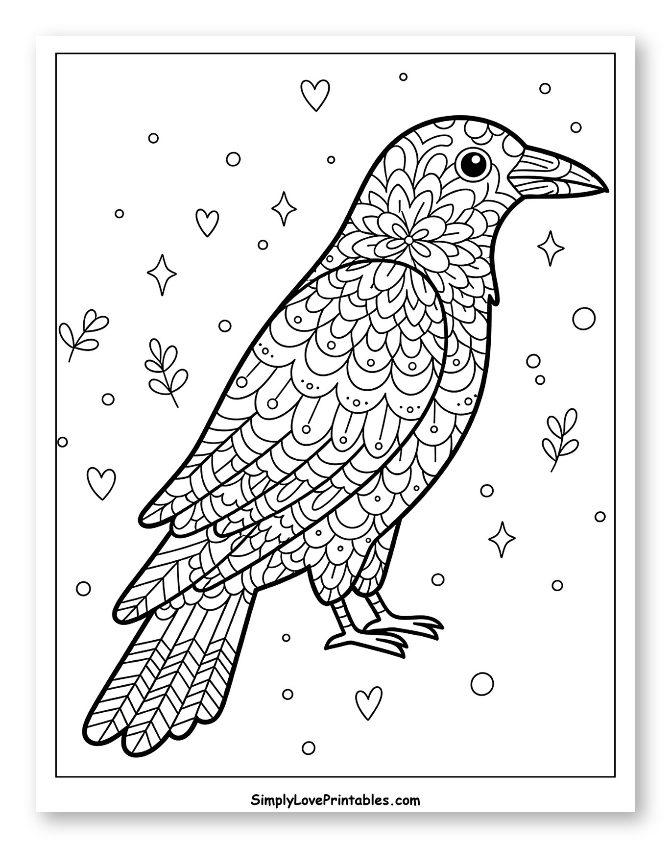 Intricate Patterned Raven with Whimsical Background Elements