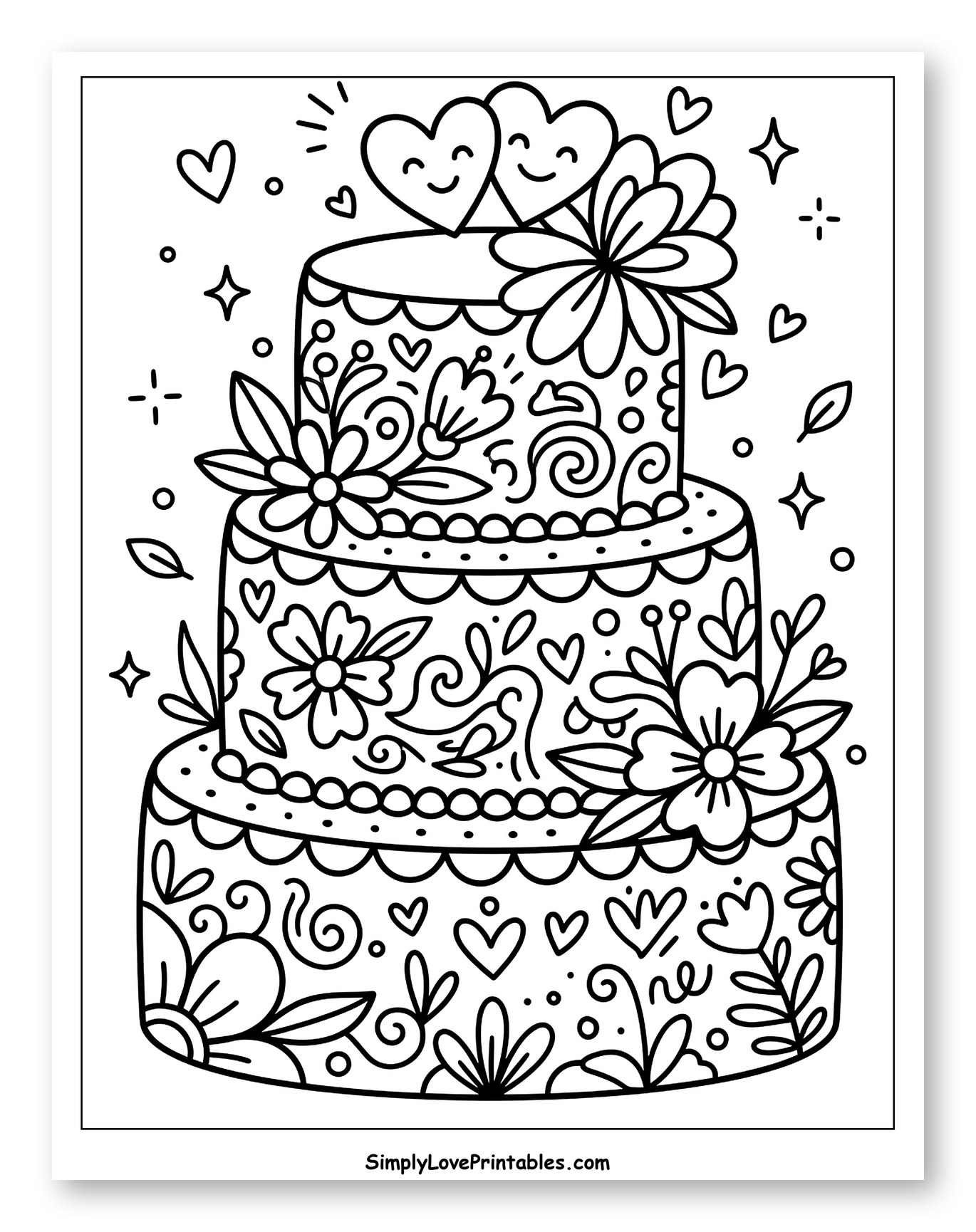 Intricate Wedding Cake with Smiling Hearts and Flowers Coloring Sheet for Adults