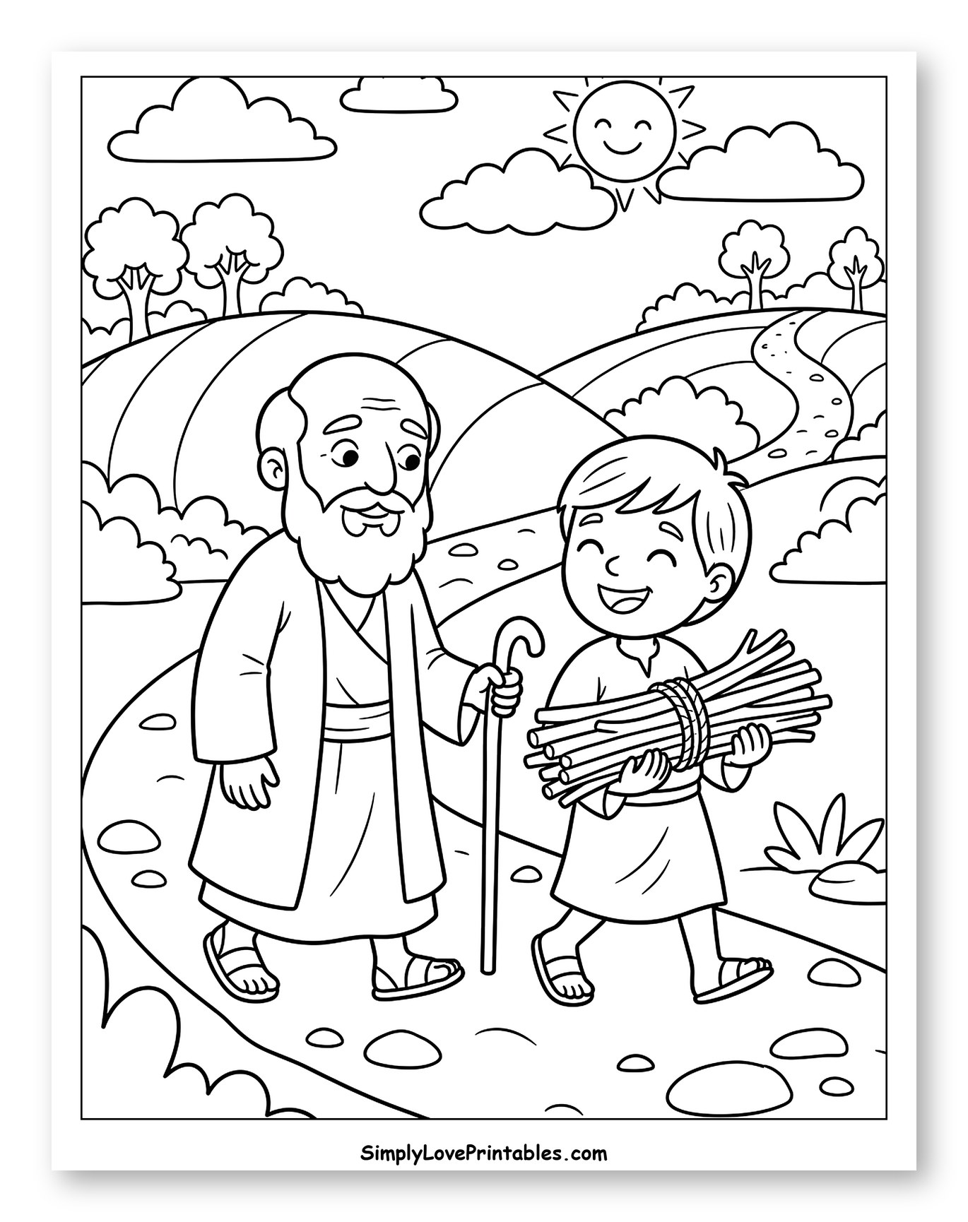 Isaac Carrying Wood with Abraham Coloring Page for Kids
