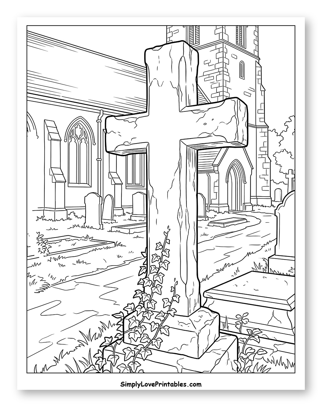 Ivy-Covered Cross in a Churchyard Coloring Page
