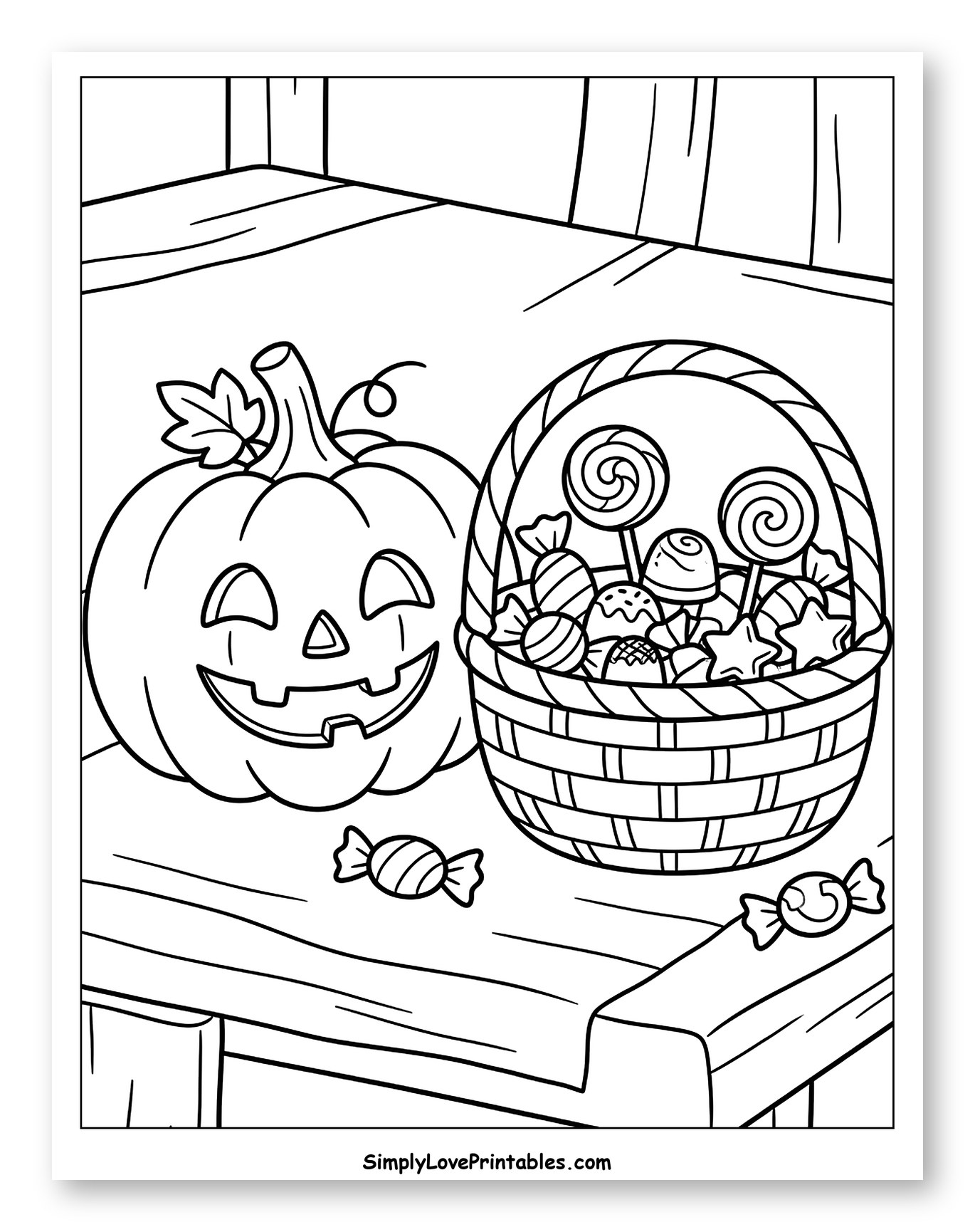 Jack-o'-lantern and Basket of Candies to Color for Kids