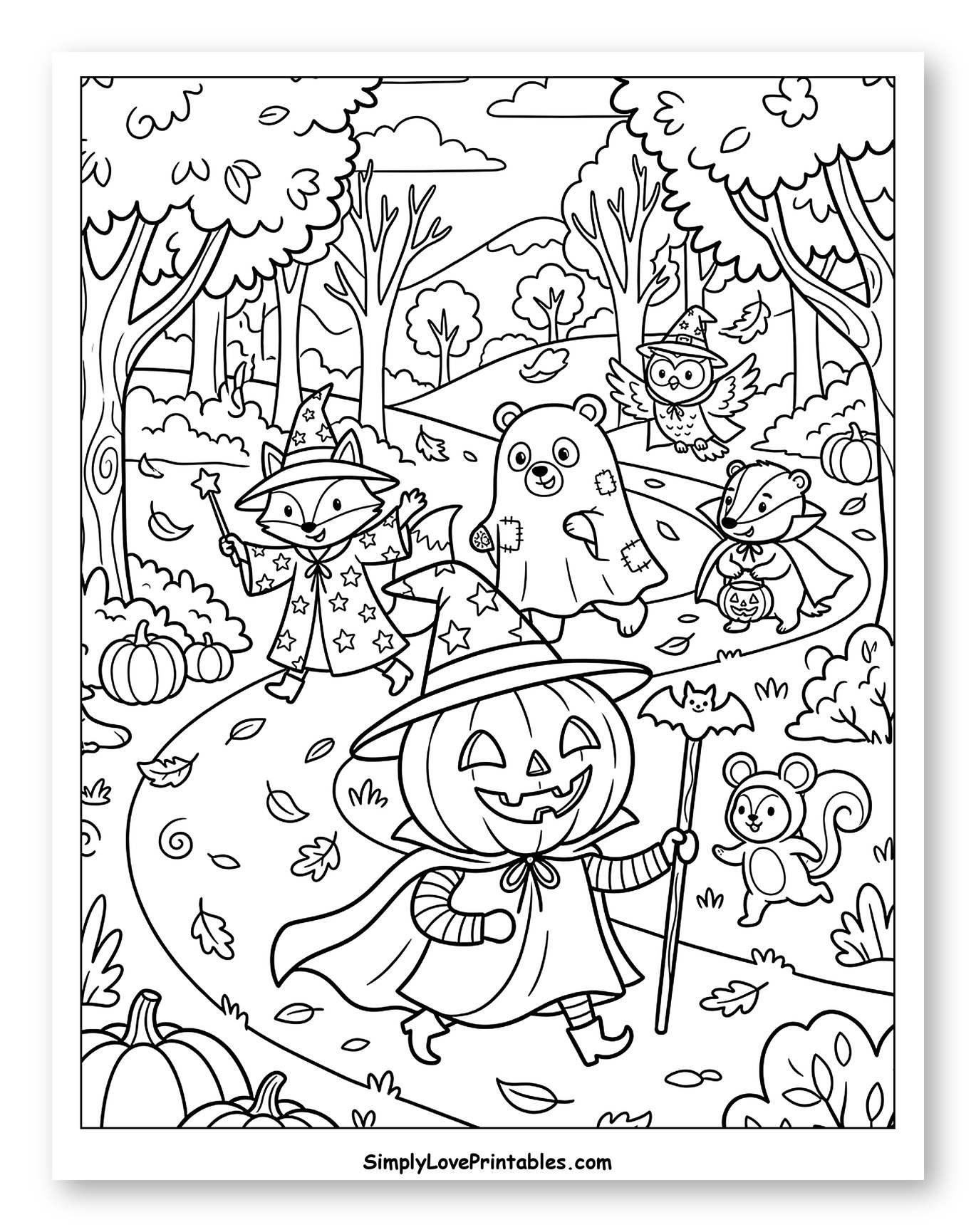 Jack-o'-Lantern and Friends Trick-or-Treating Coloring Sheet for Kids