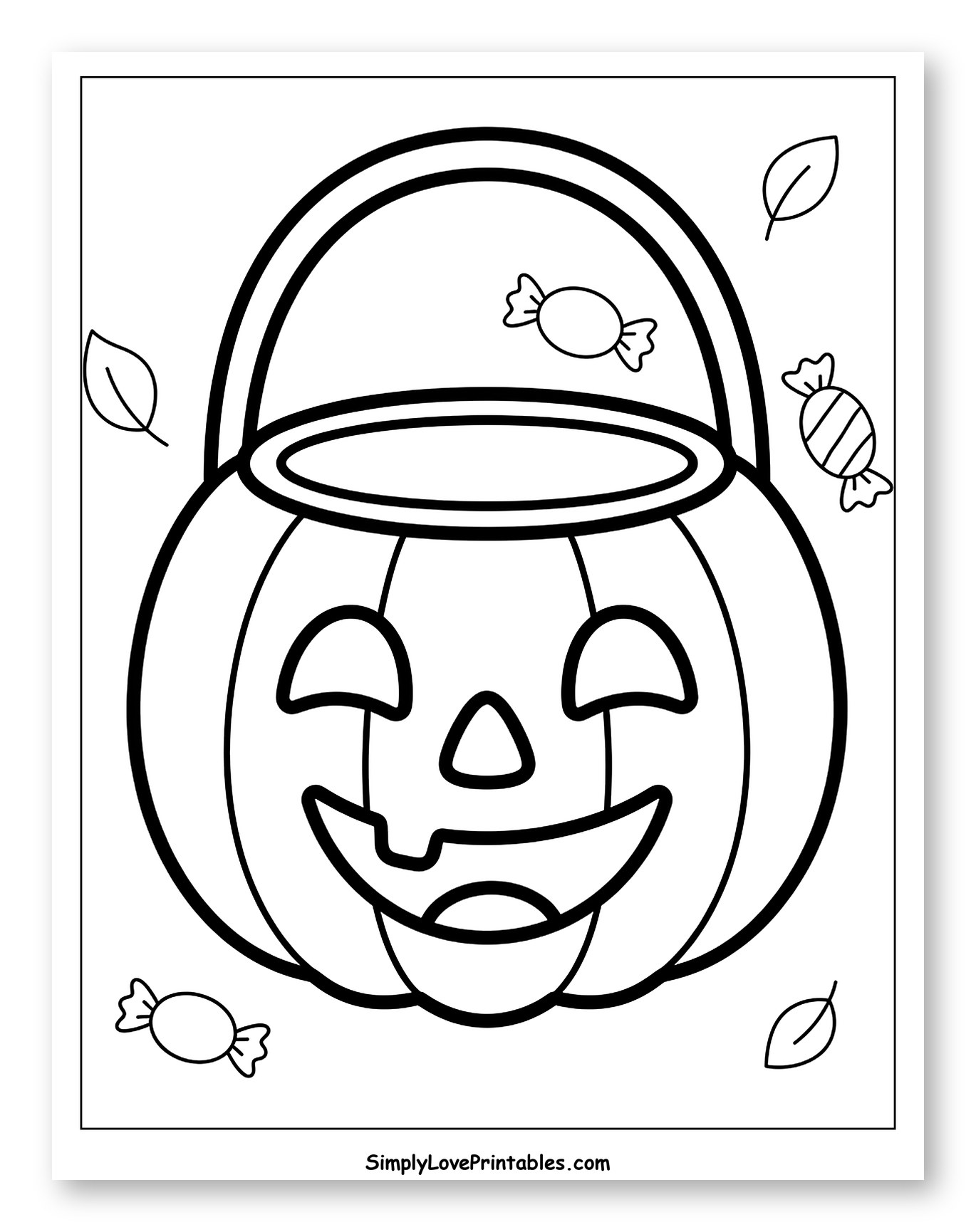 Jack-o'-Lantern Bucket with Treats and Fall Leaves to Color for Toddlers