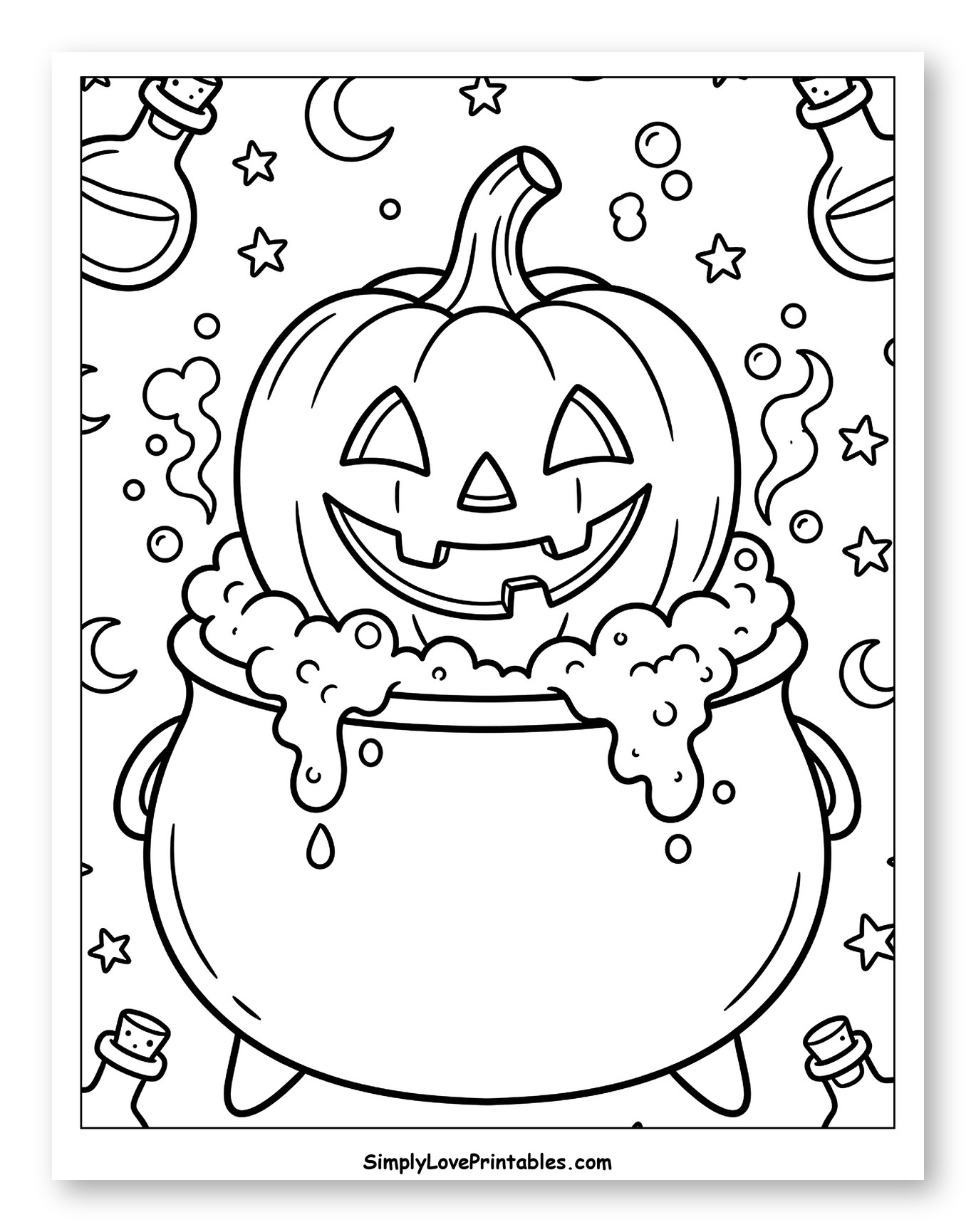 Jack-o'-lantern in Bubbling Cauldron with Potions