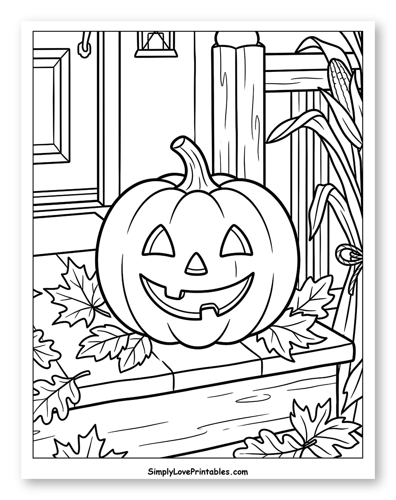 Jack-o'-lantern on Porch with Autumn Leaves Coloring Sheet for Kids