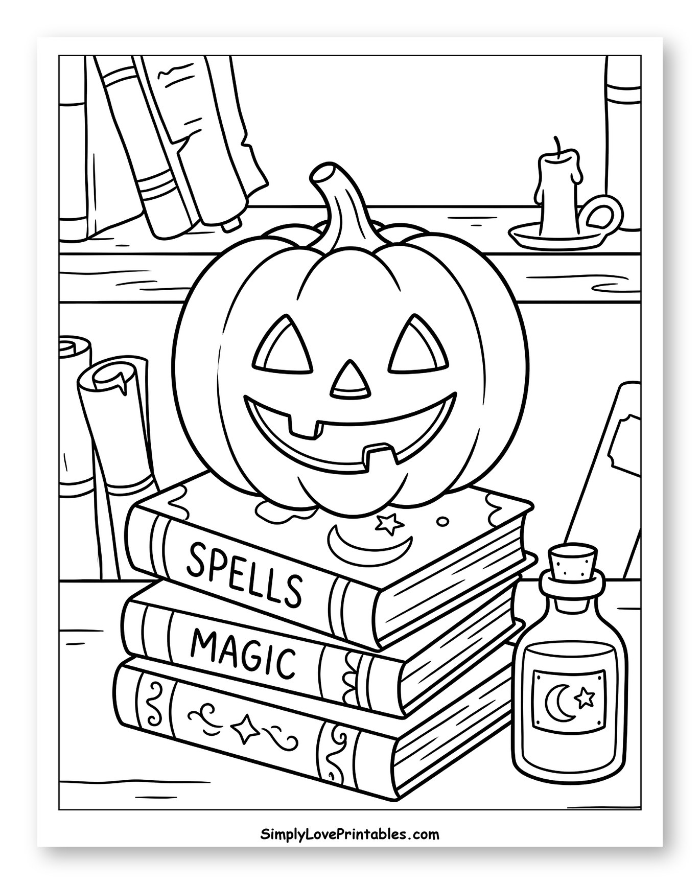 Jack-o'-Lantern on Stack of Magic Books Coloring Sheet for Kids