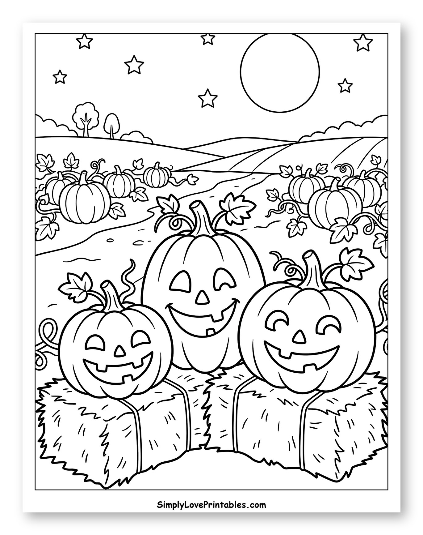 Jack-o'-Lanterns on Hay Bales in a Pumpkin Patch to Color for Kids