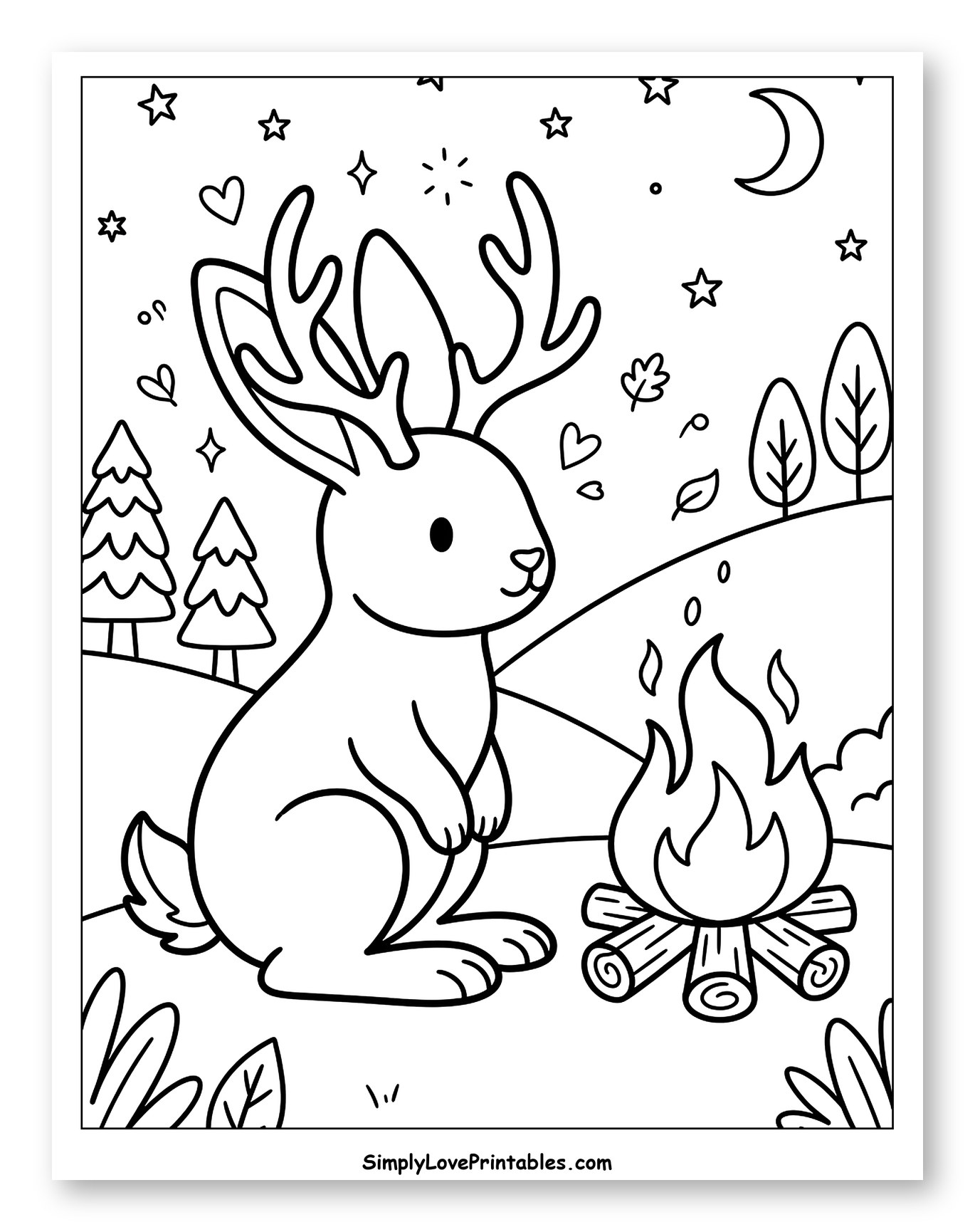 Jackalope and Campfire Under Starry Sky Coloring Sheet for Adults