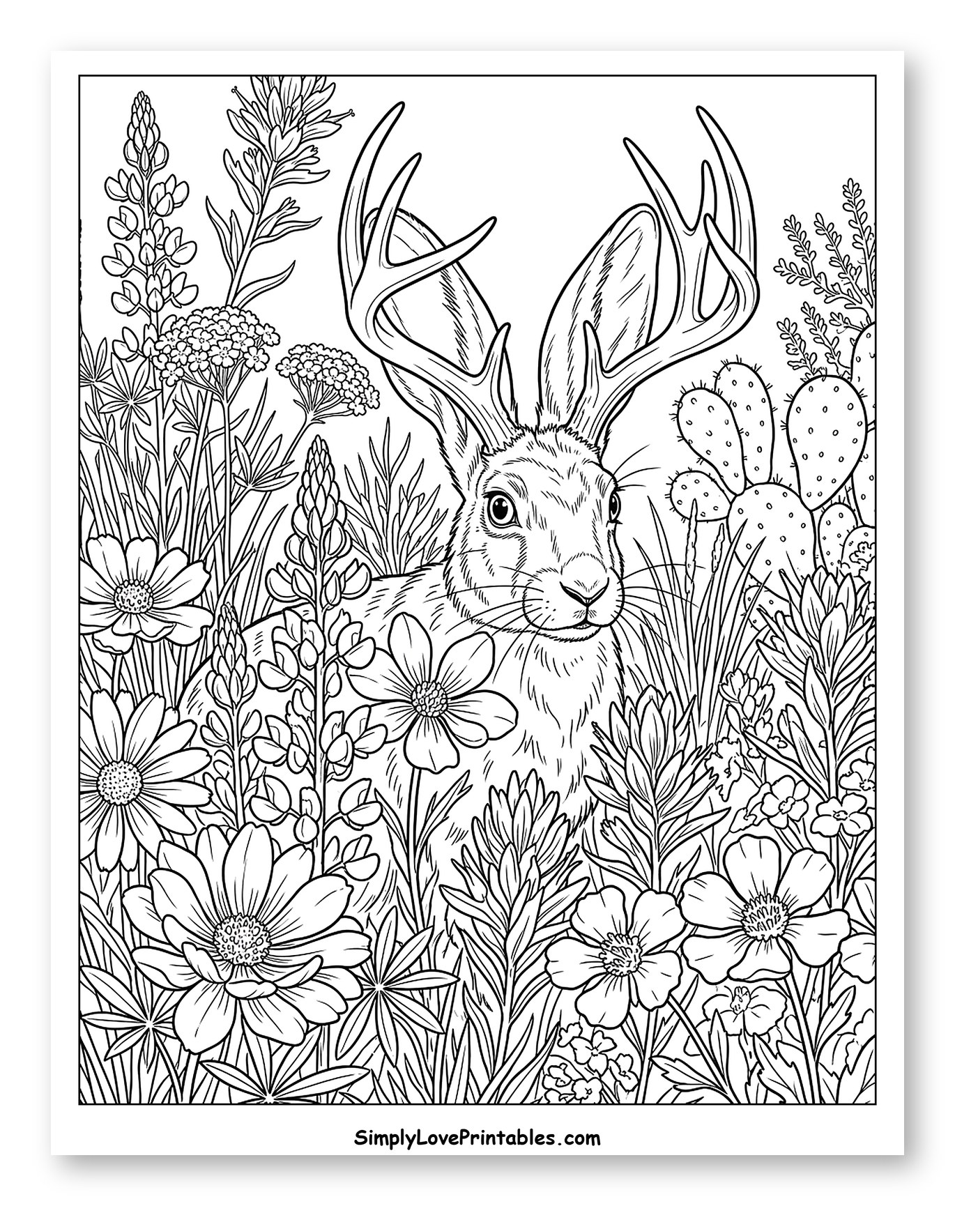 Jackalope in a Field of Wildflowers Coloring Sheet