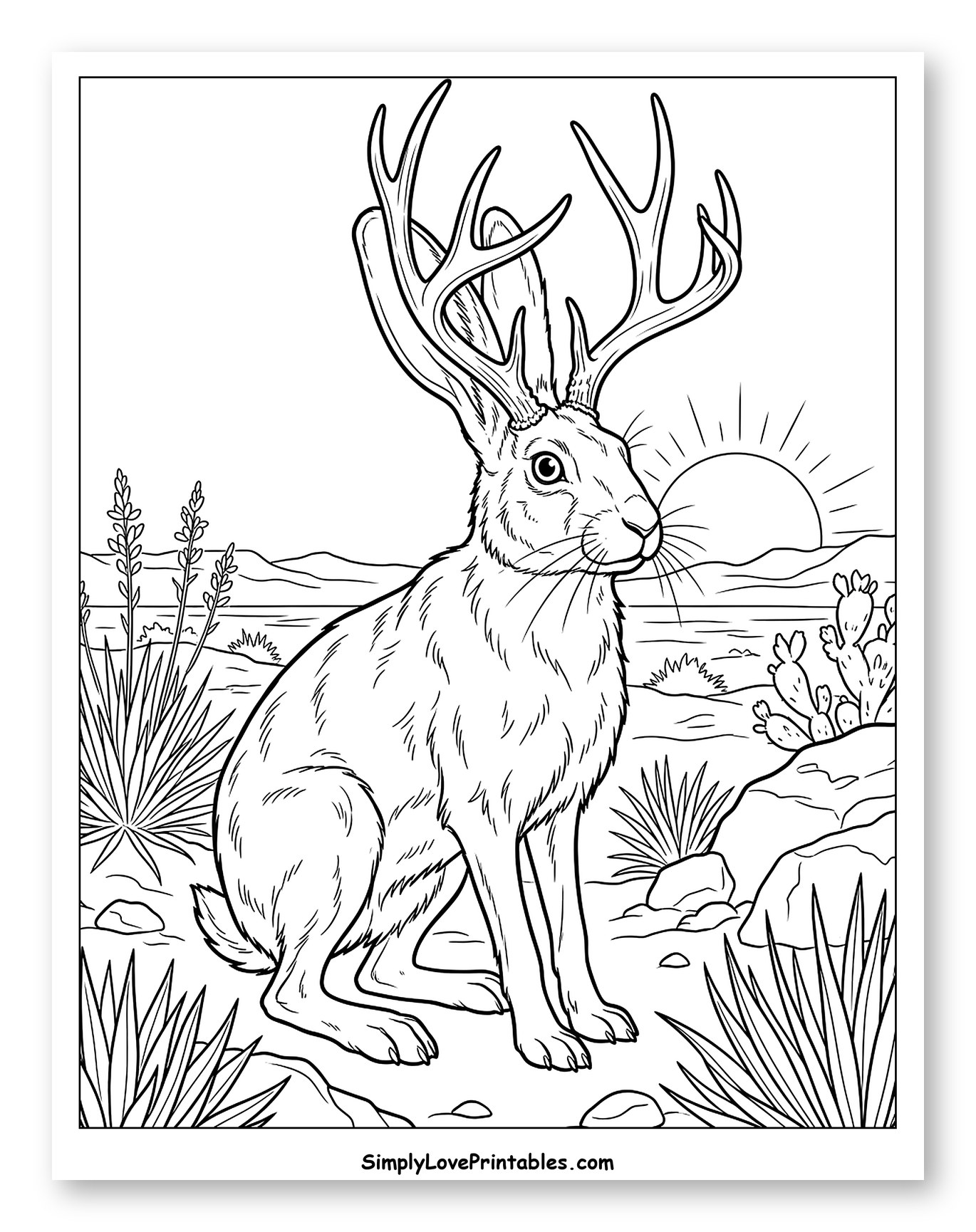 Jackalope in Desert Landscape at Sunset Coloring Page