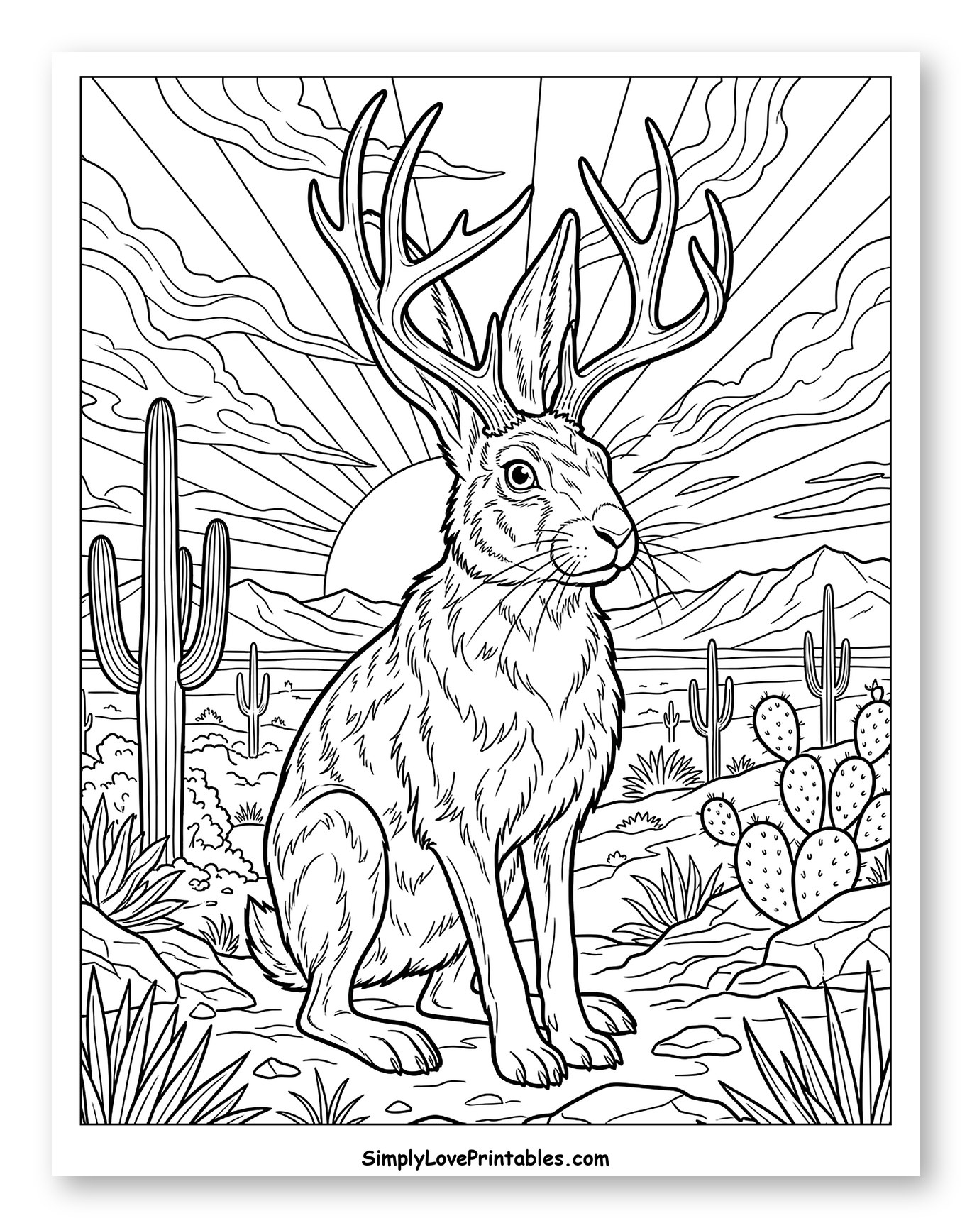 Jackalope in Desert with Sunburst Sky