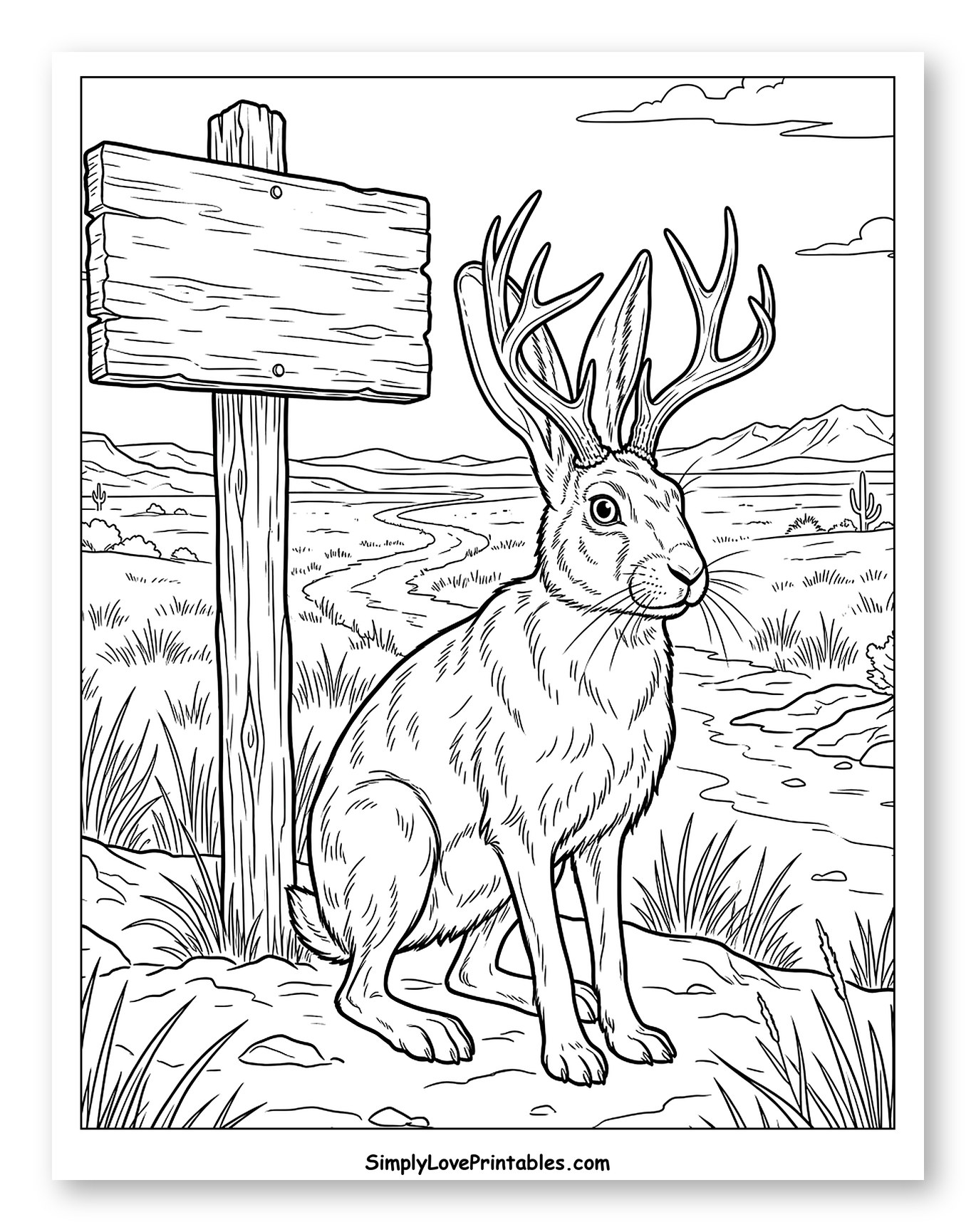 Jackalope in Desert with Wooden Sign