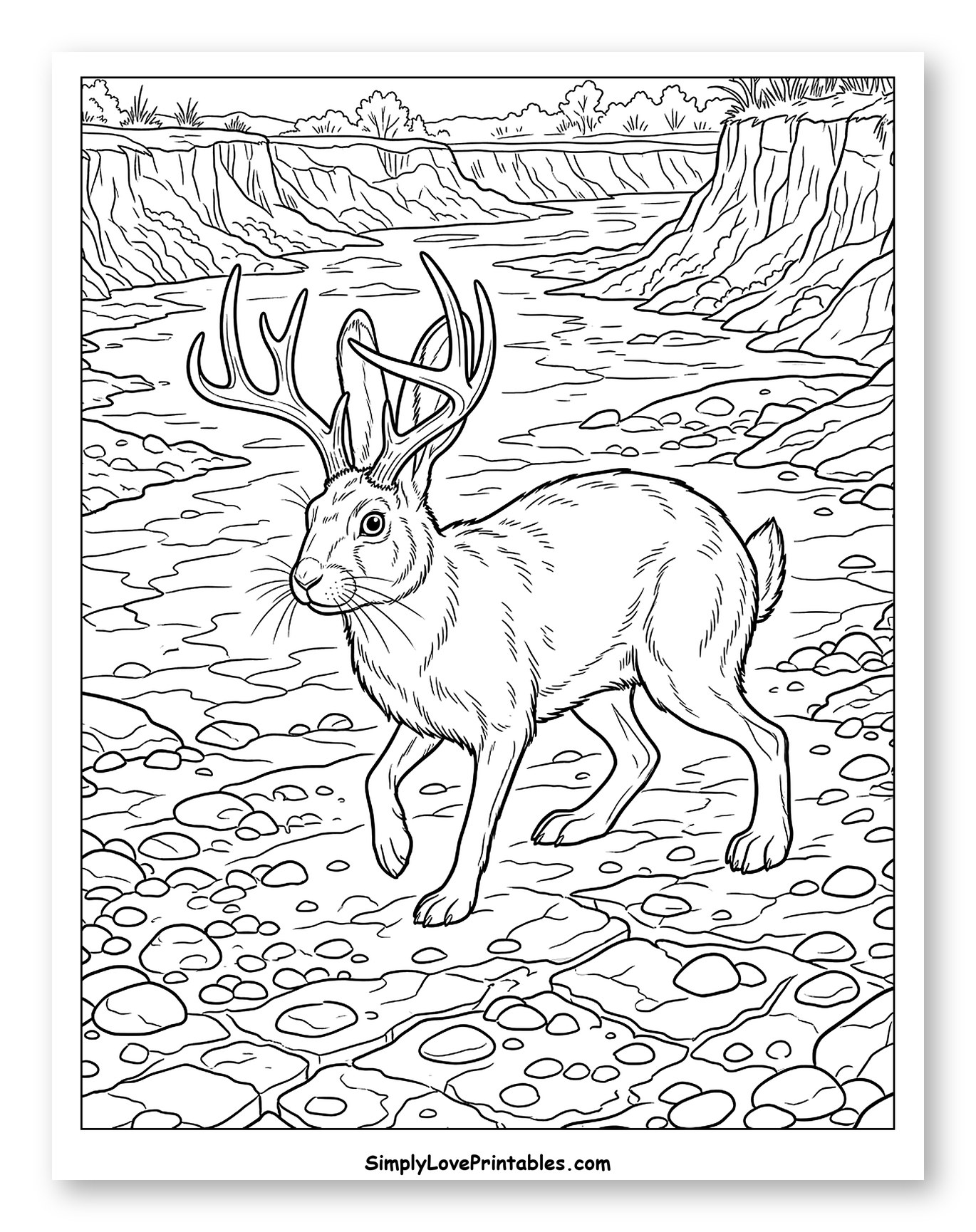 Jackalope Walking Through a Rocky River Canyon Coloring Page