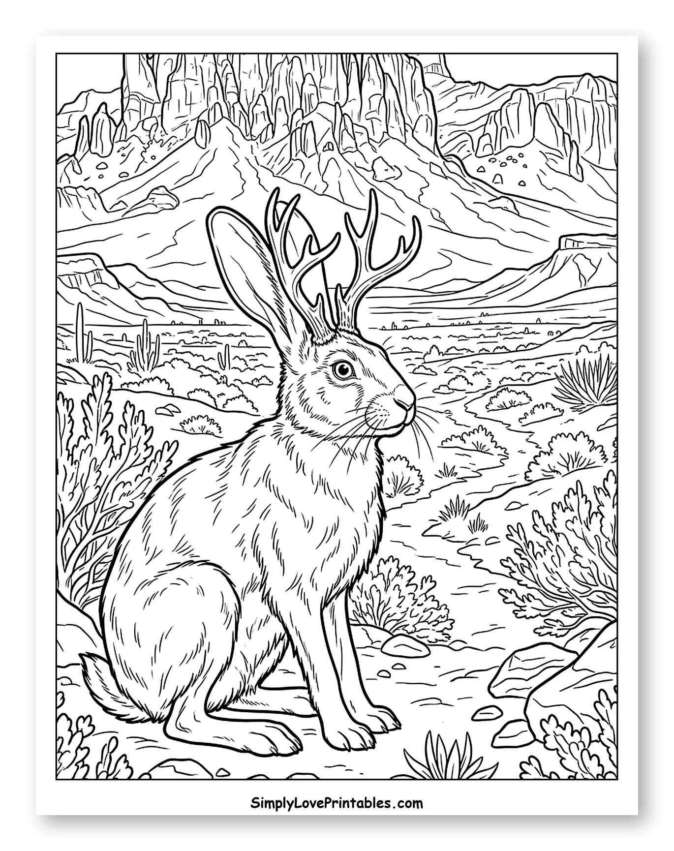 Jackalope with Antlers in Mountain Desert Coloring Sheet