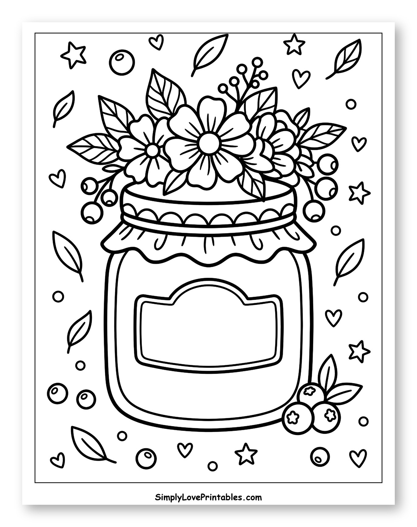 Jam Jar Decorated with Flowers and Blueberries to Color for Adults