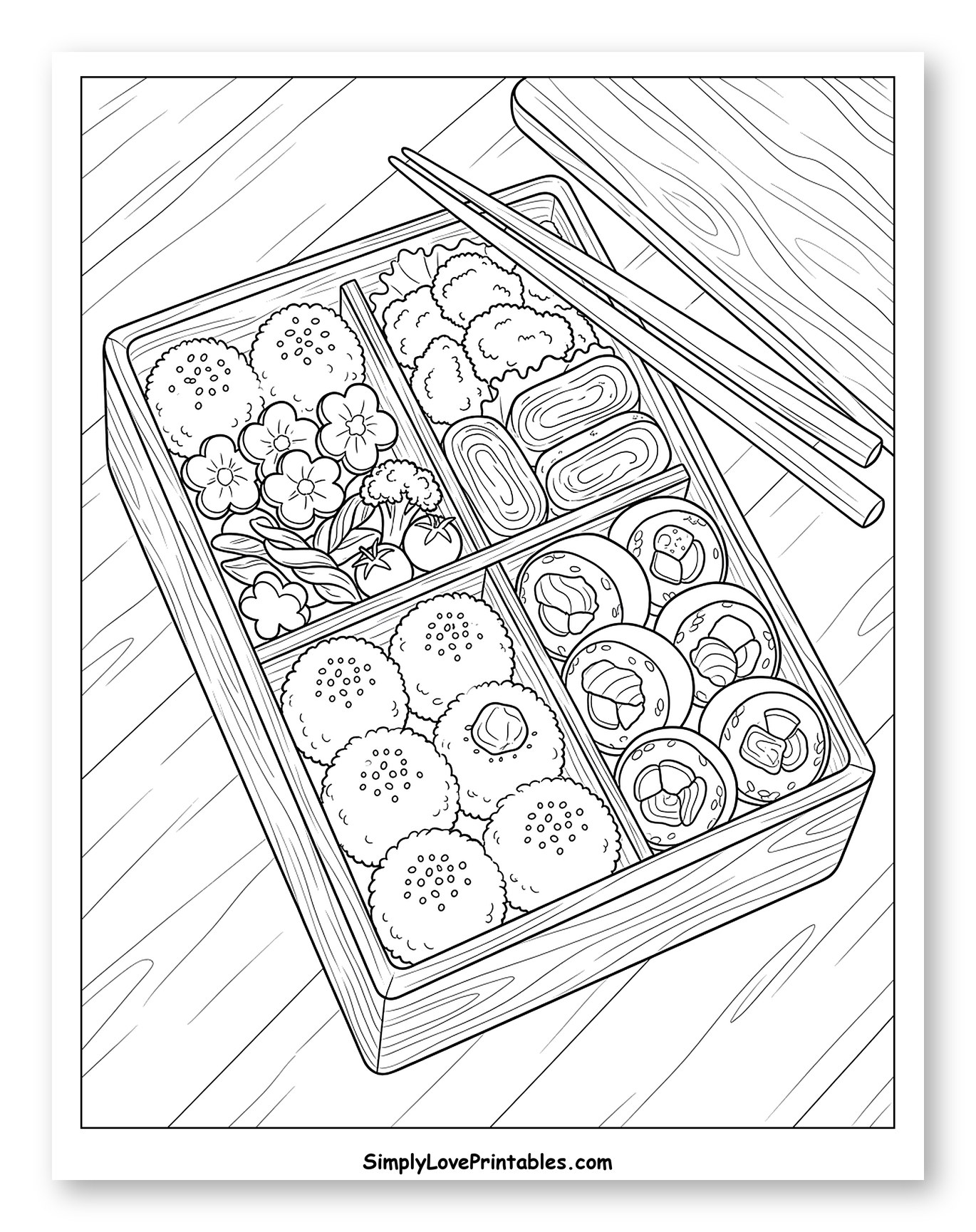 Japanese Bento Box with Sushi and Rice Balls Coloring Sheet