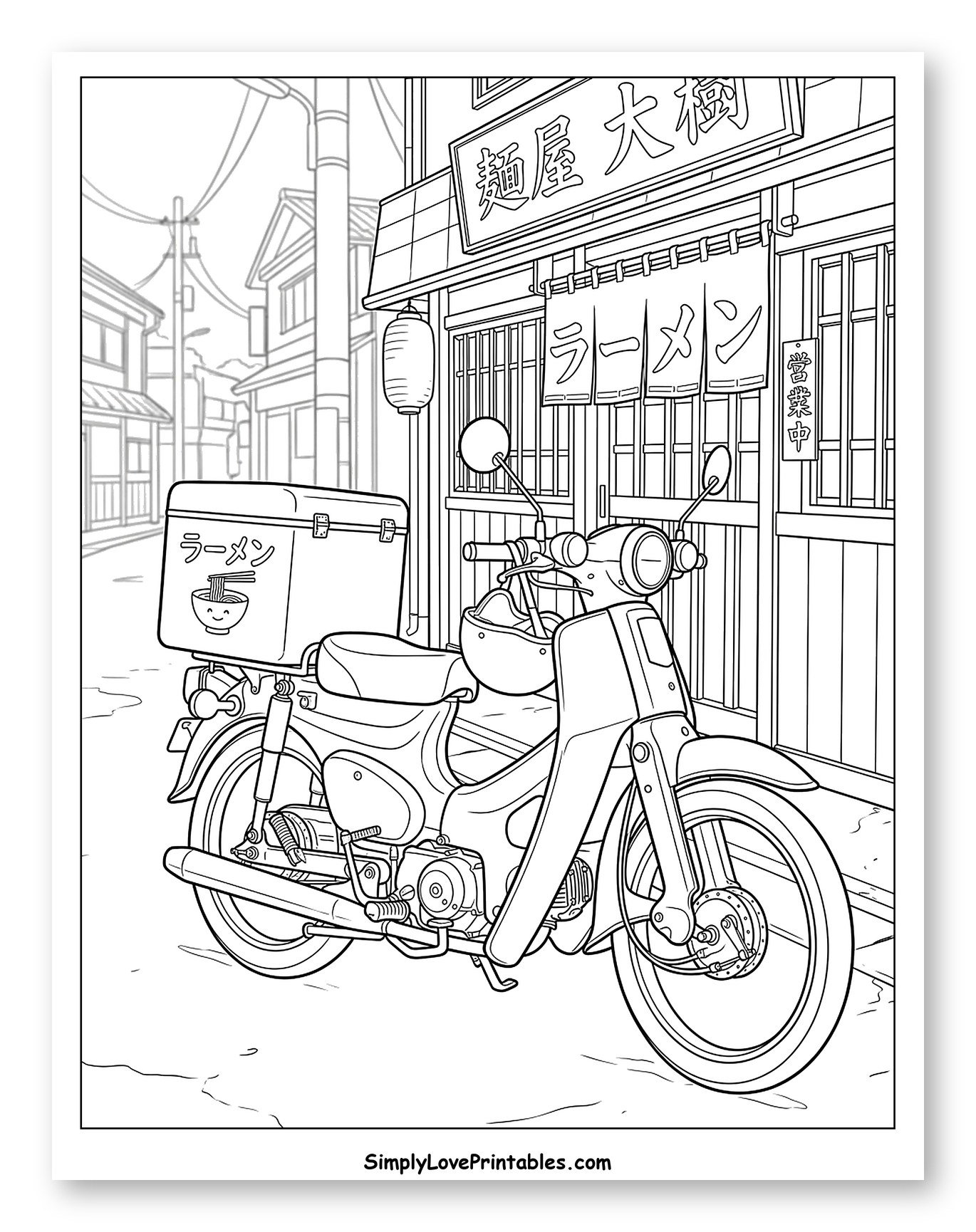 Japanese Ramen Shop with Delivery Scooter Coloring Sheet
