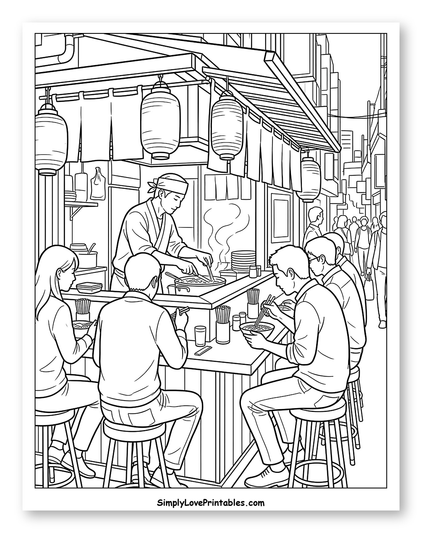 Japanese Ramen Stall on a Busy Street to Color