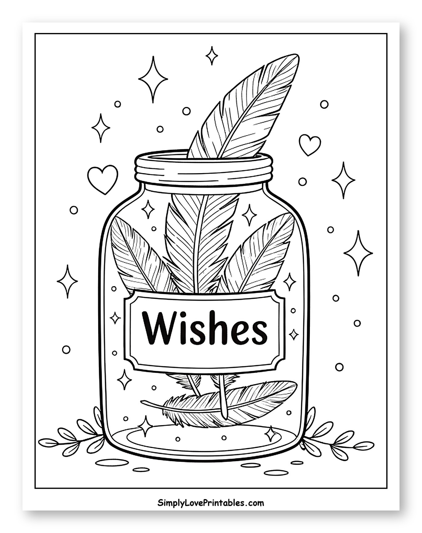 Jar Full of Feathers and Wishes Coloring Sheet for Adults