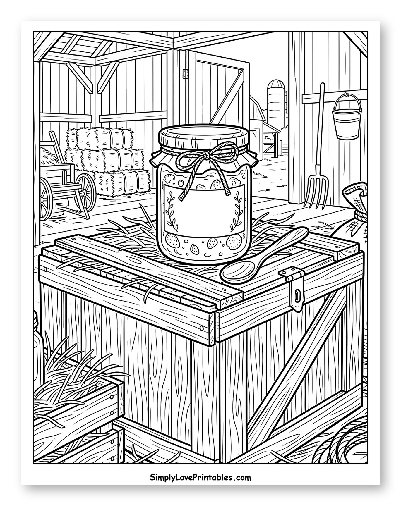Jar of Jam on a Crate in a Barn Coloring Page