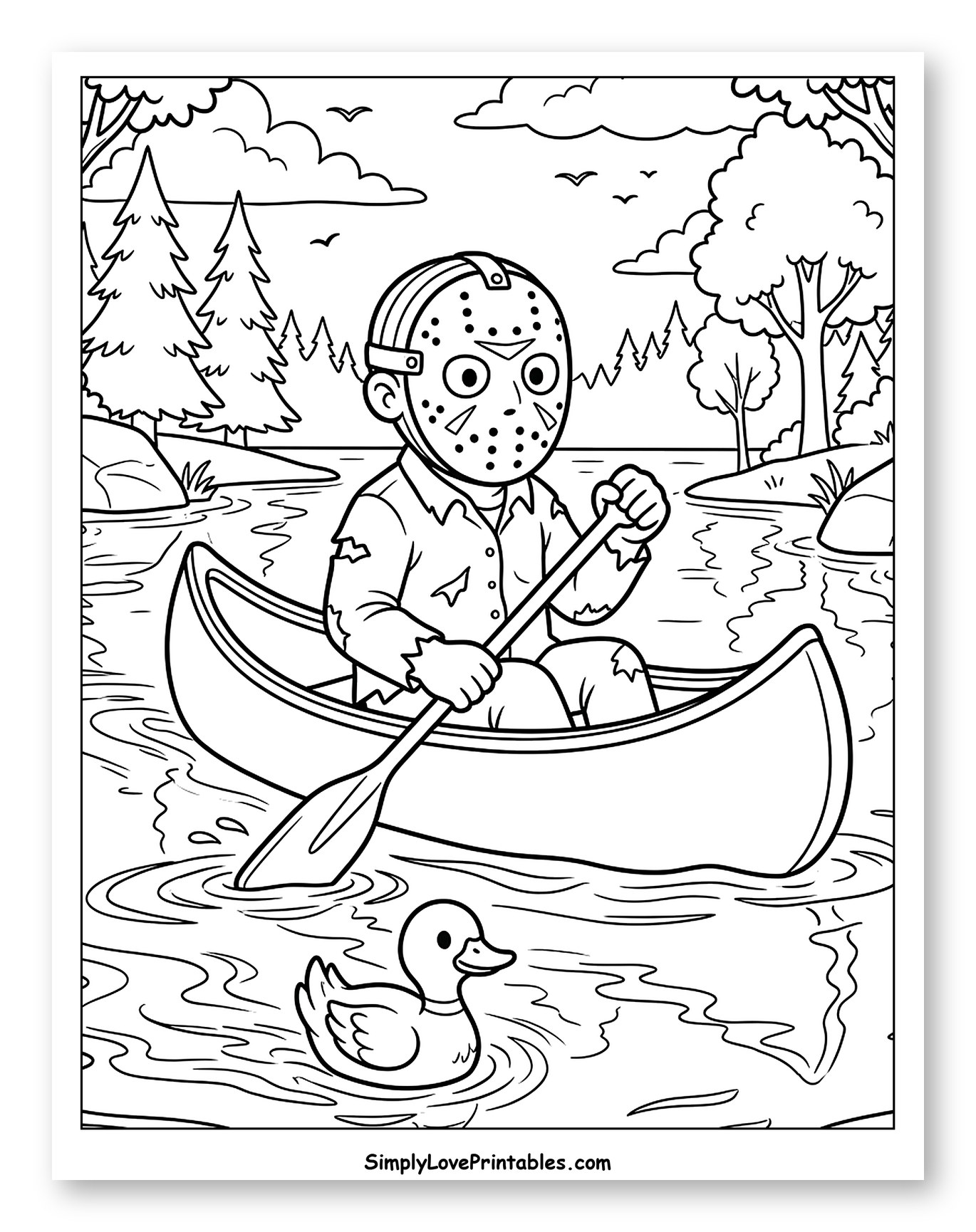 Jason Voorhees Canoeing with a Little Duck Coloring Page for Kids