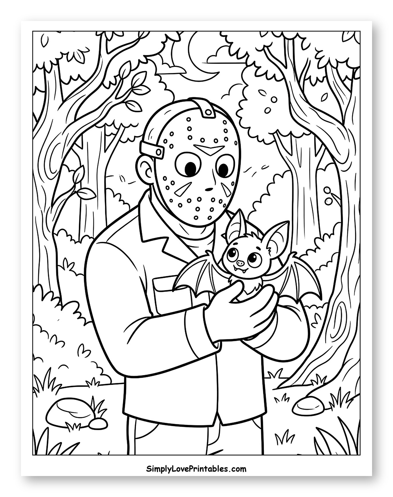 Jason Voorhees Holding a Cute Bat to Color for Kids