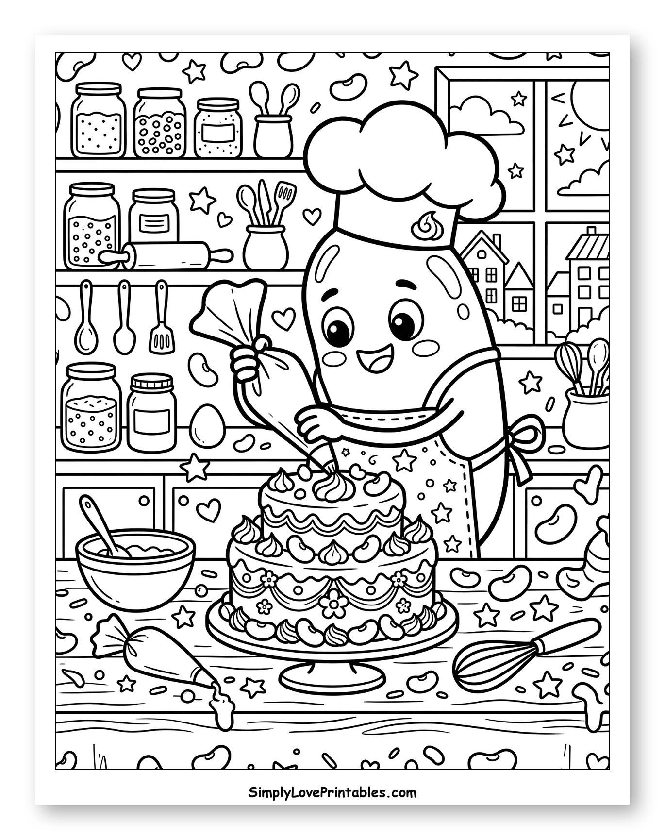Jelly Bean Chef Decorating a Two-Tier Cake Coloring Page for Kids