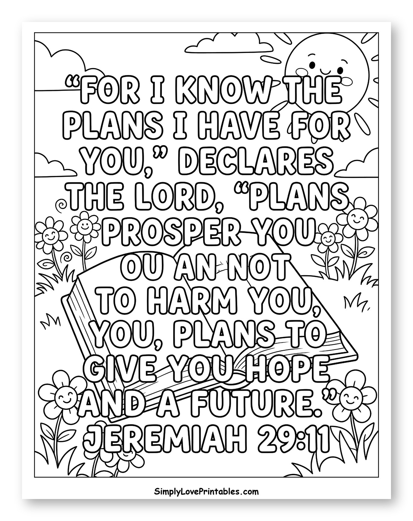 Jeremiah 29:11 Bible Verse on Open Book Coloring Page for Kids