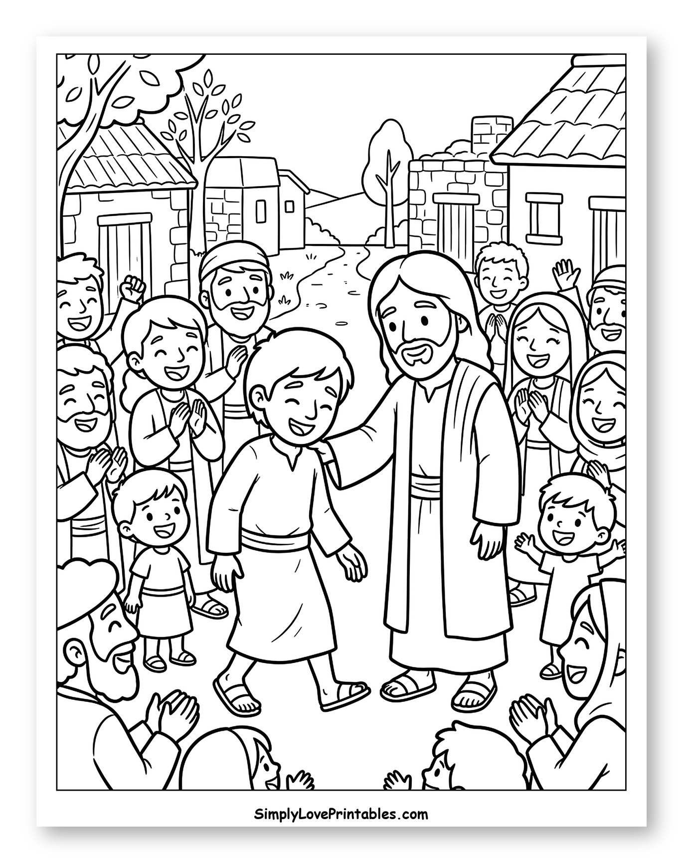 Jesus and a Boy Among Cheering Villagers Coloring Sheet for Kids
