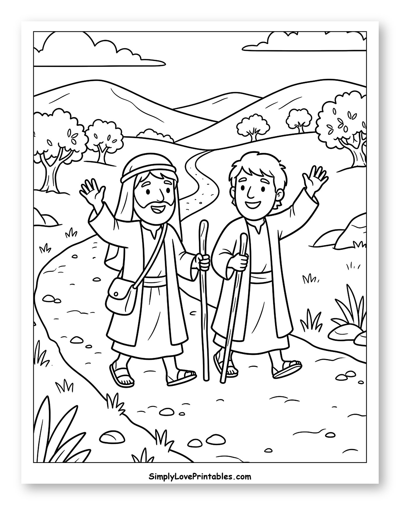 Jesus and a Disciple Waving on a Path to Color for Kids