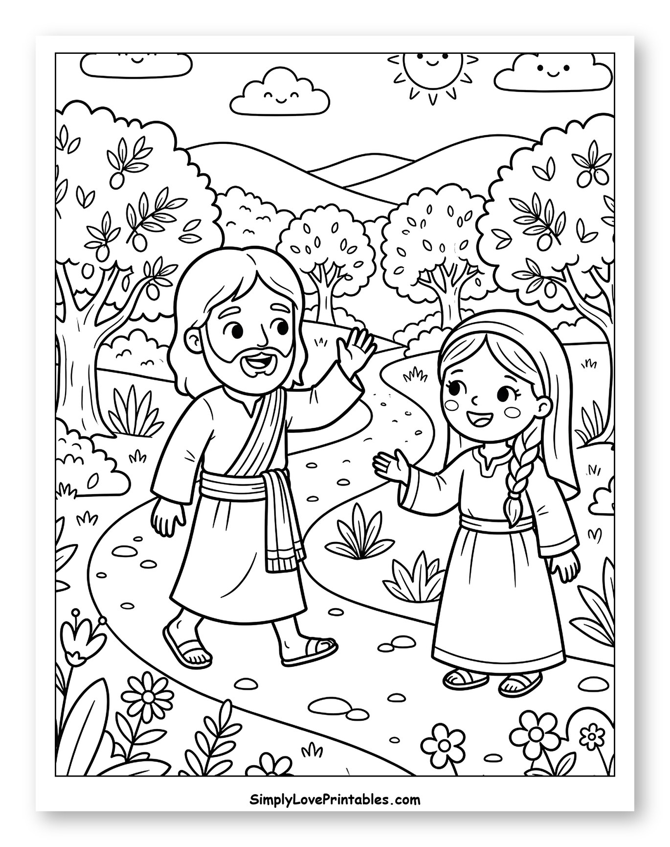 Jesus and a Girl Walking Through Trees