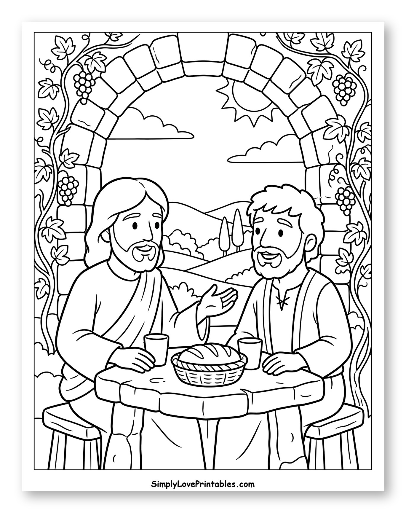 Jesus and Disciple Sharing a Meal to Color for Kids