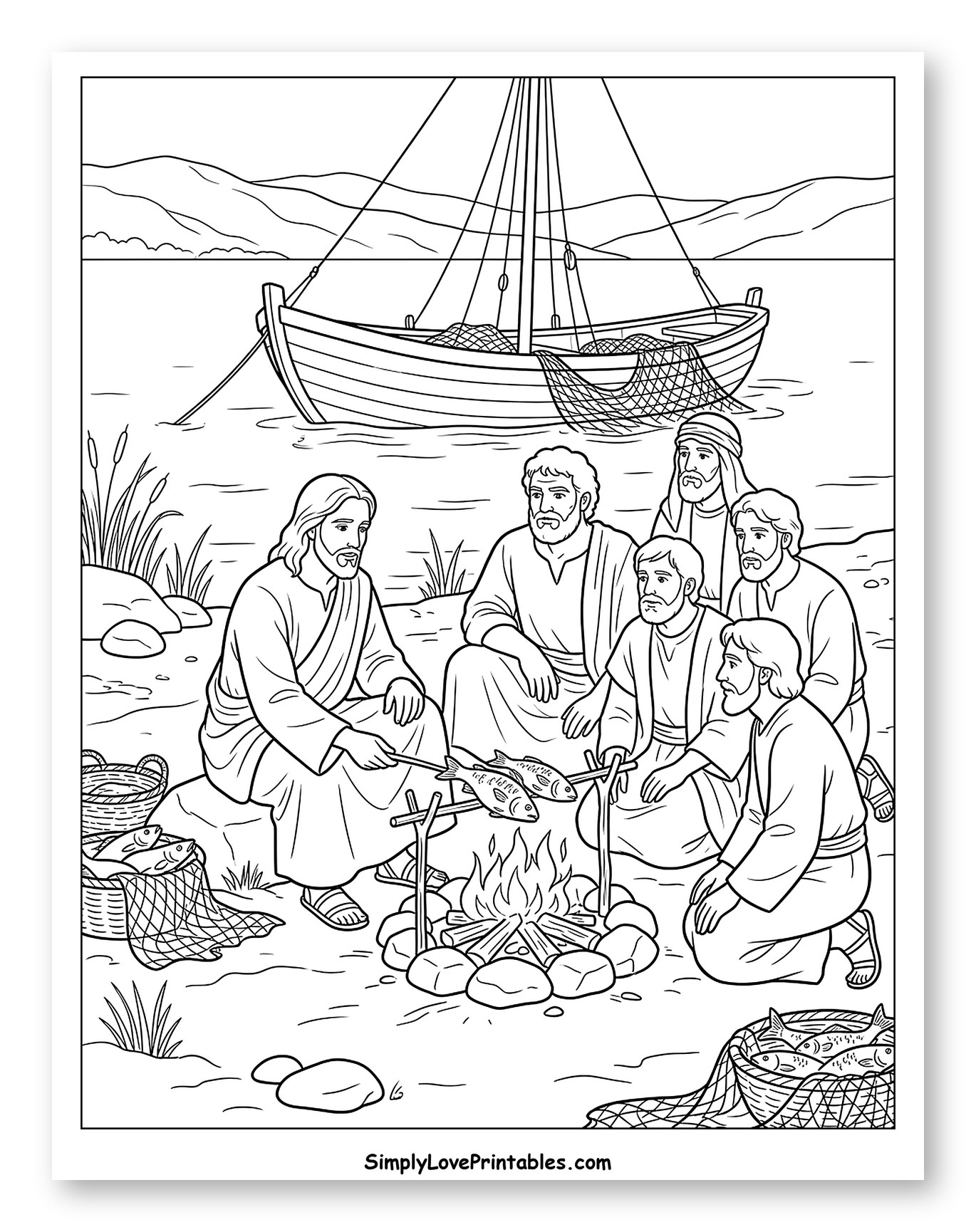Jesus and Disciples Grilling Fish on Shore