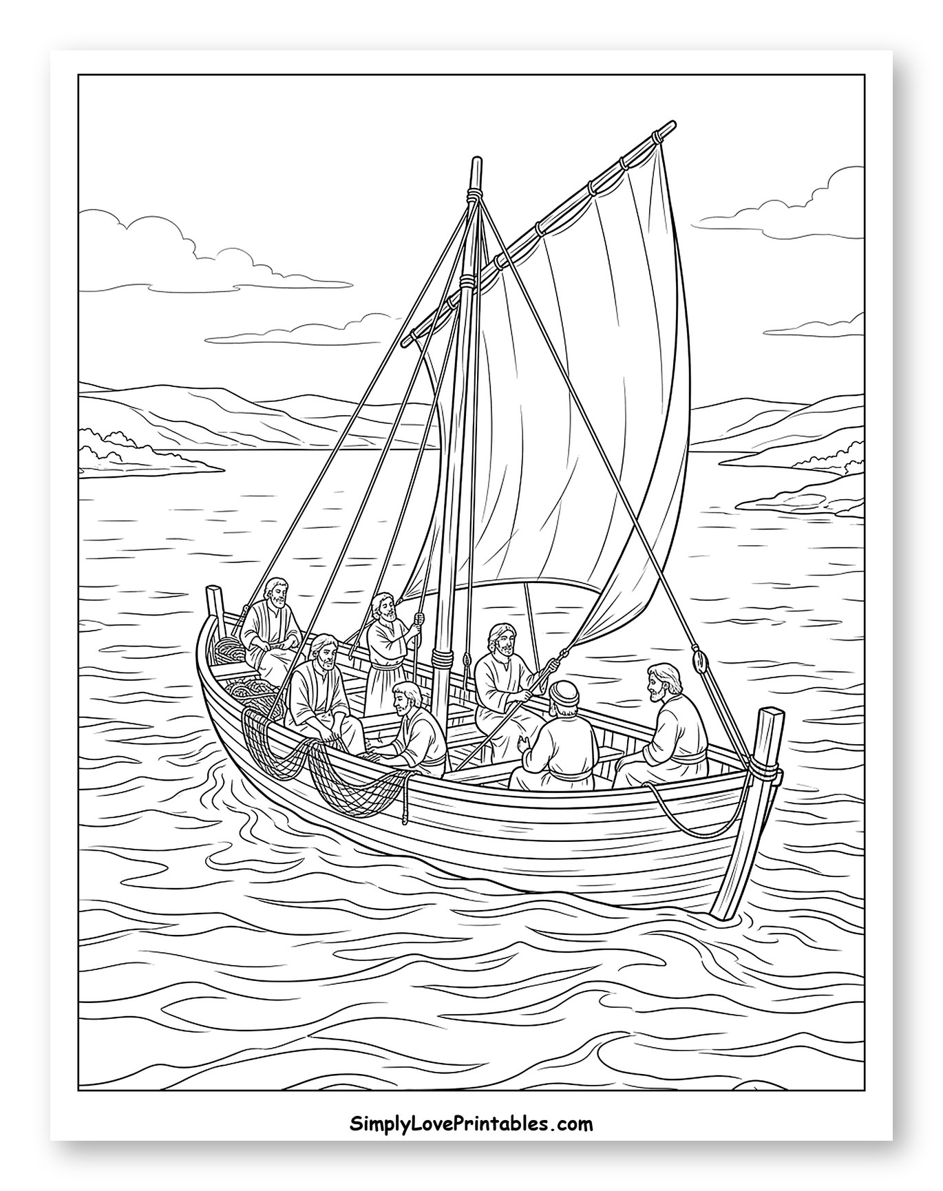 Jesus and Disciples in a Fishing Boat Coloring Page