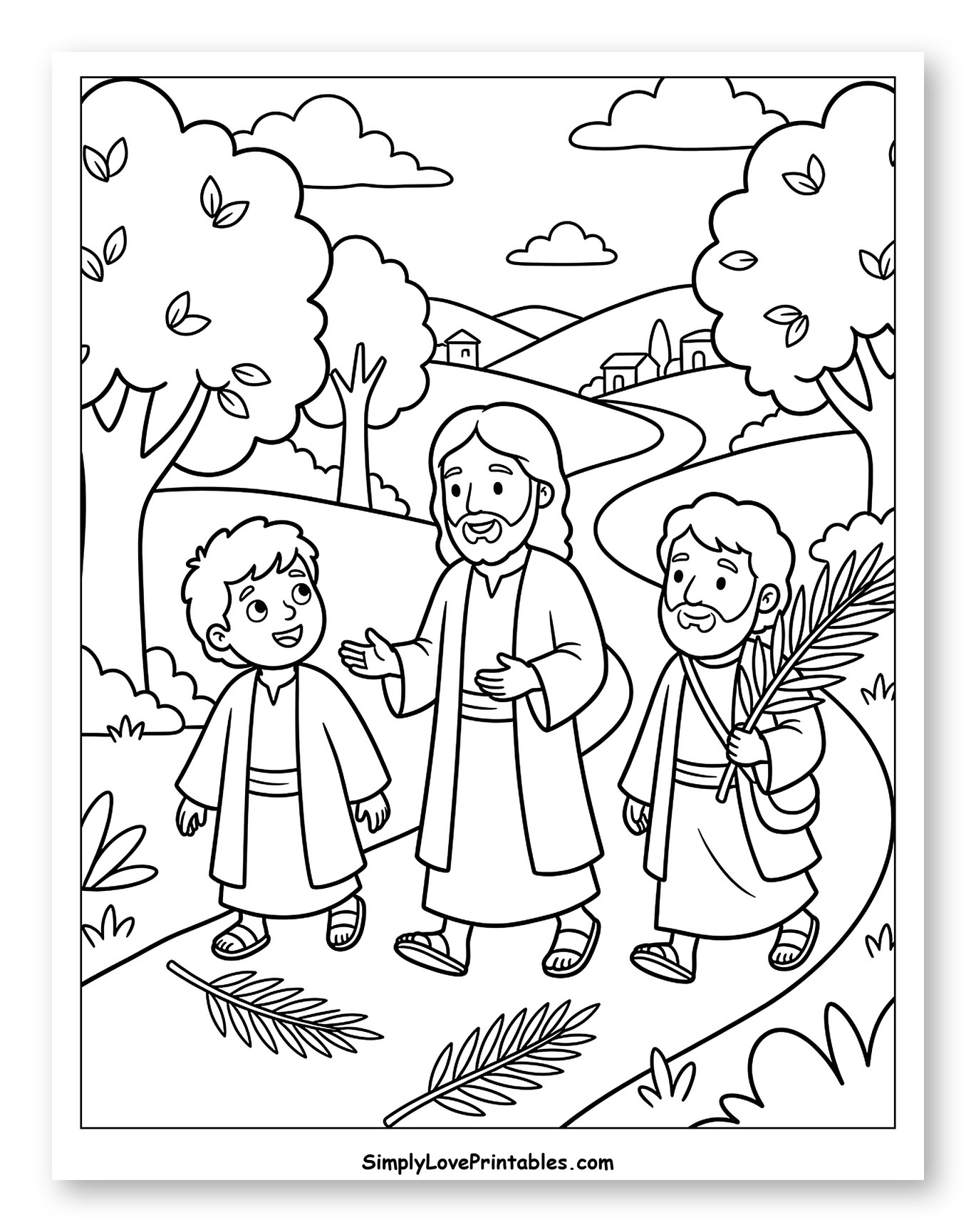 Jesus and Disciples Walking with Palm Branches