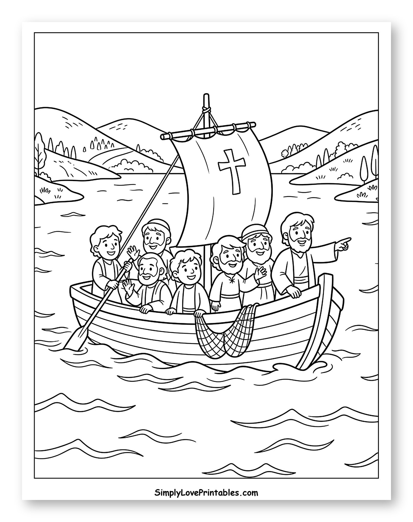Jesus and His Disciples on the Sea to Color for Kids