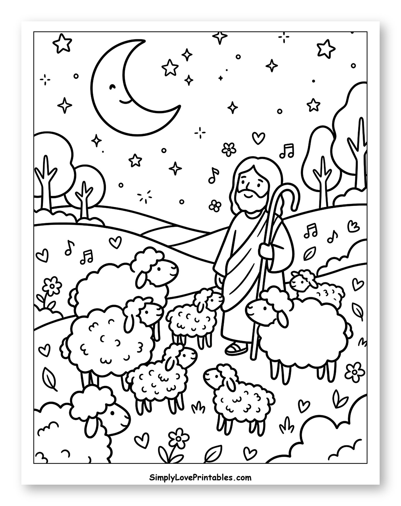 Jesus and His Sheep Under Starry Sky to Color for Adults