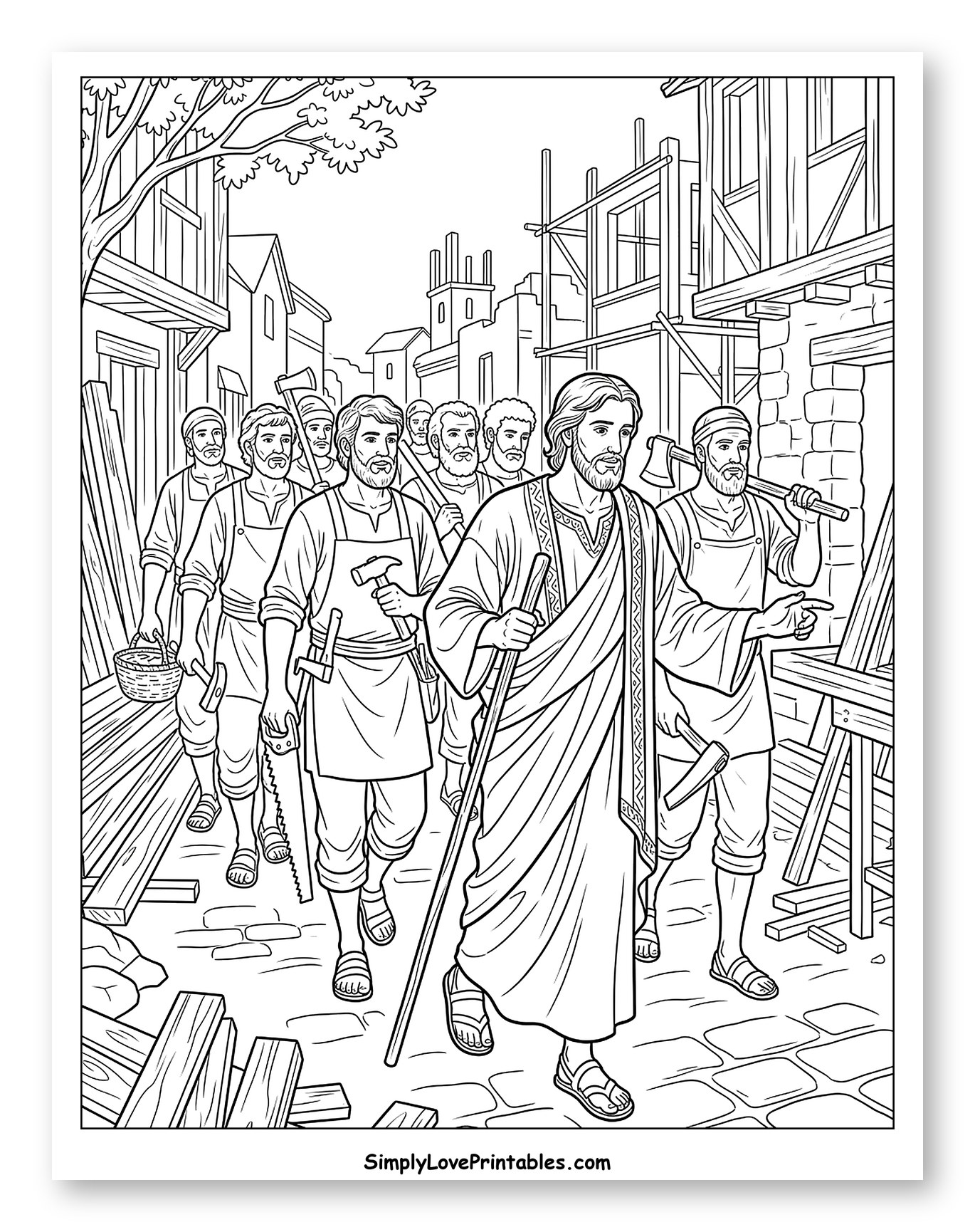 Jesus and Workmen with Tools in Town Coloring Page